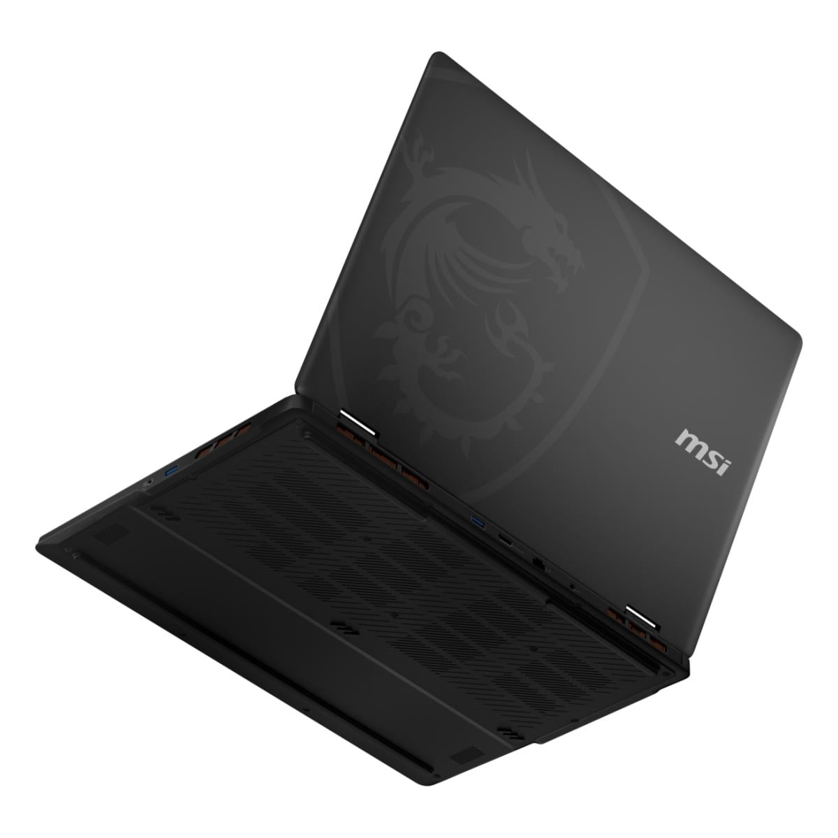 Ein schwarzer MSI-Gaming-Laptop mit Drachenlogo auf dem Deckel.