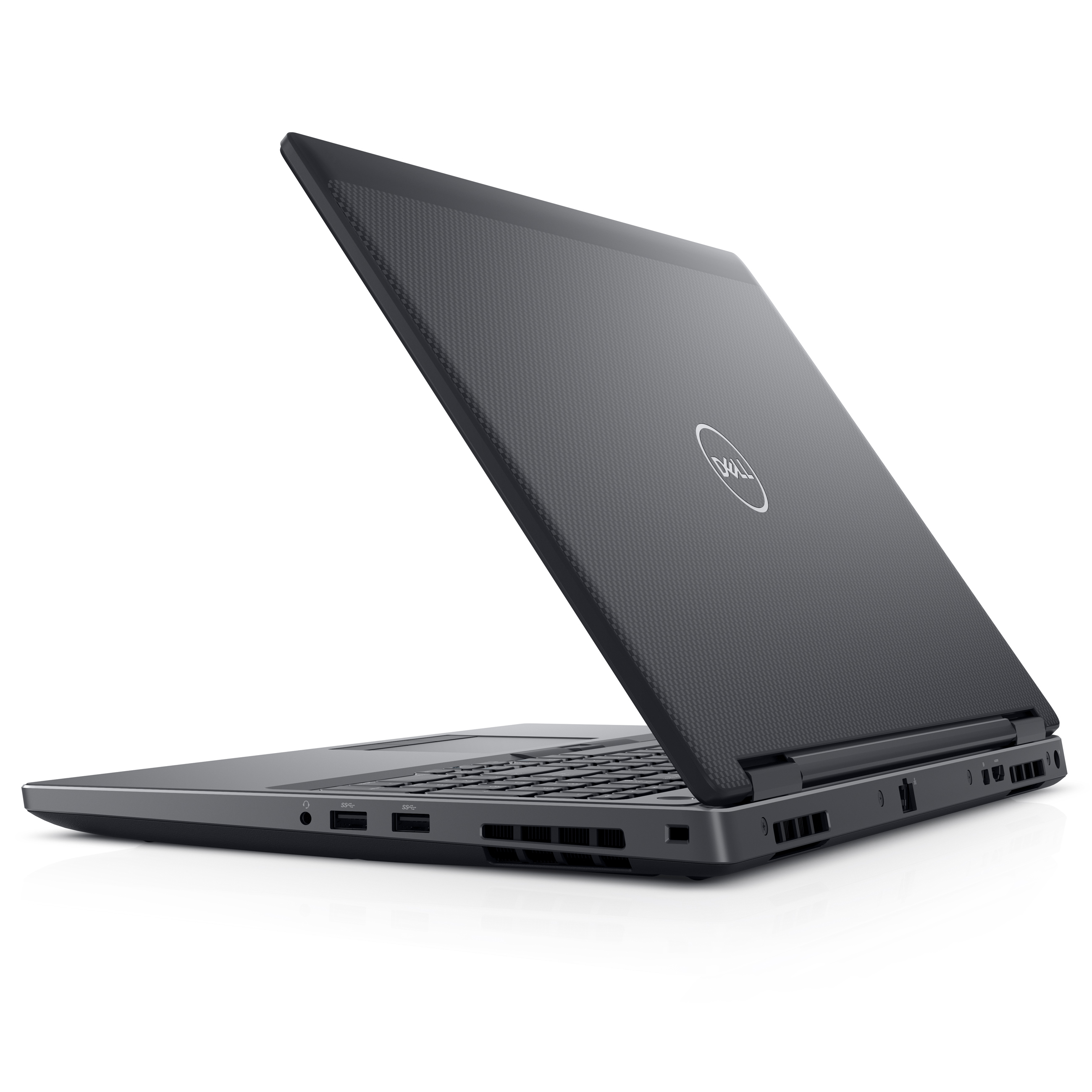 Ein grauer Dell-Laptop steht auf einer weißen Oberfläche und zeigt die Rückseite und die linke Seite.