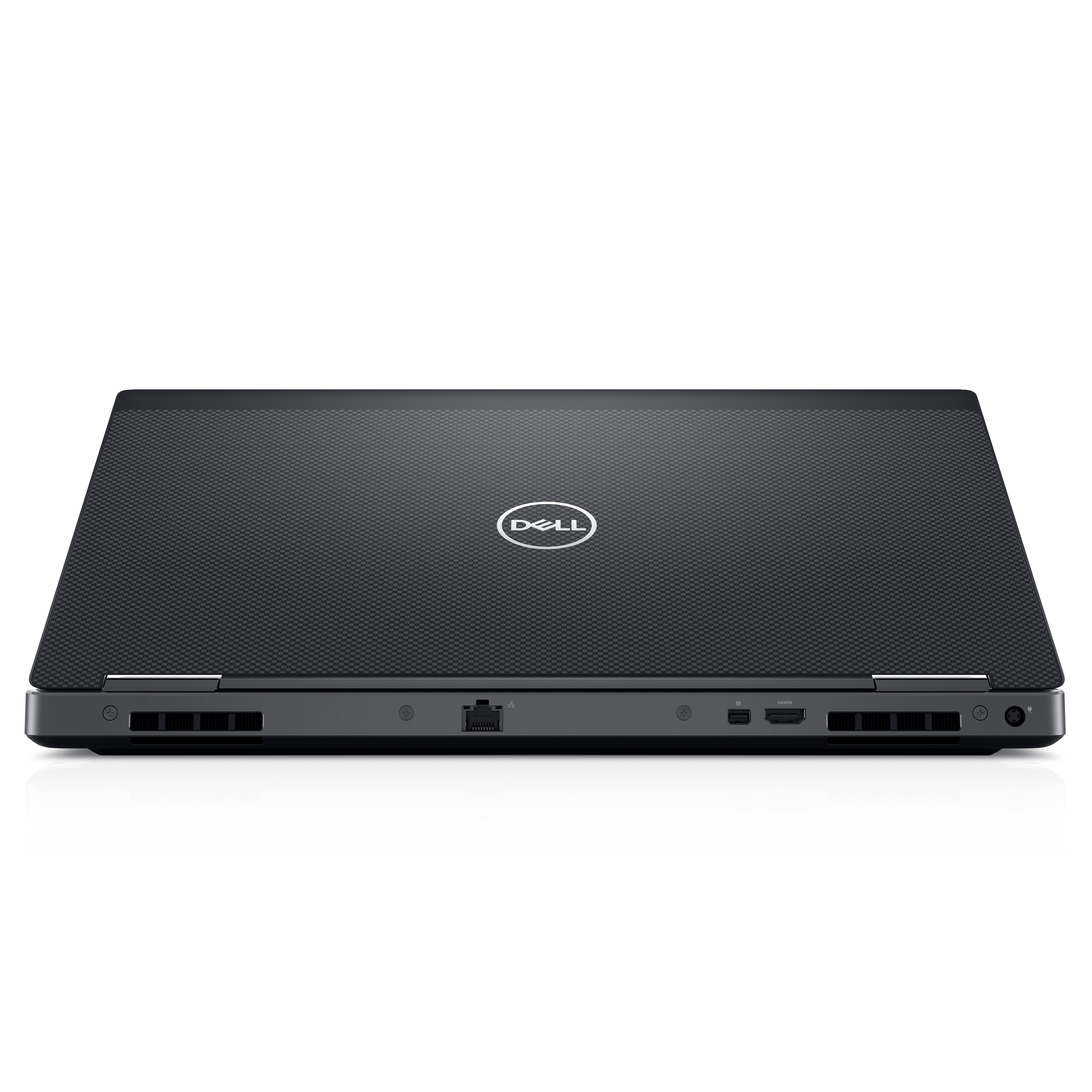 Rückseite eines geschlossenen schwarzen Dell-Laptops mit sichtbaren Anschlüssen und Lüftungsschlitzen.