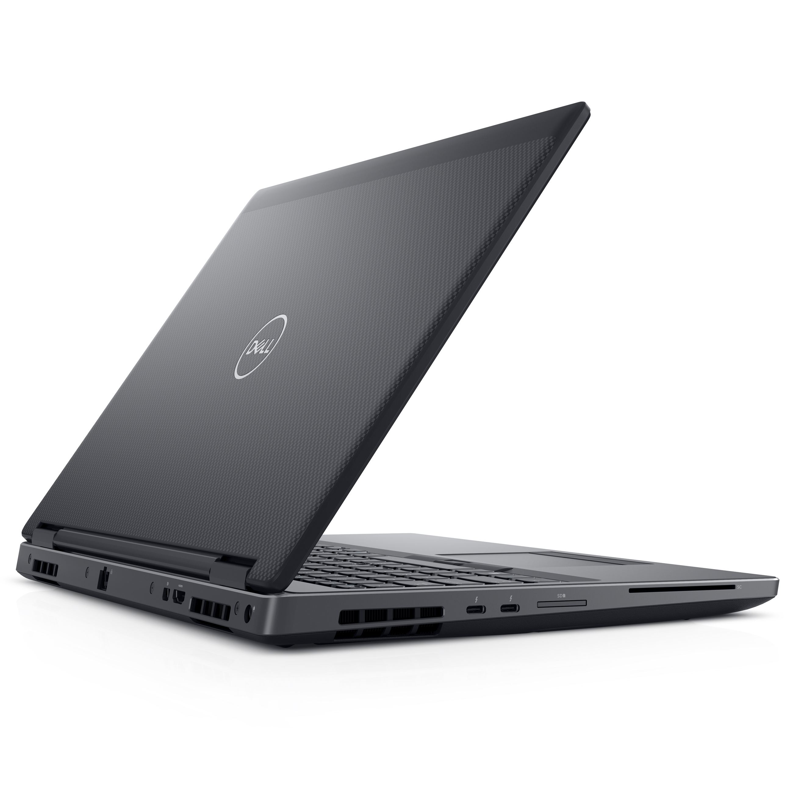 Ein schwarzer Dell-Laptop ist leicht geöffnet, mit sichtbaren Anschlüssen an der Seite und dem Logo auf dem Deckel.
