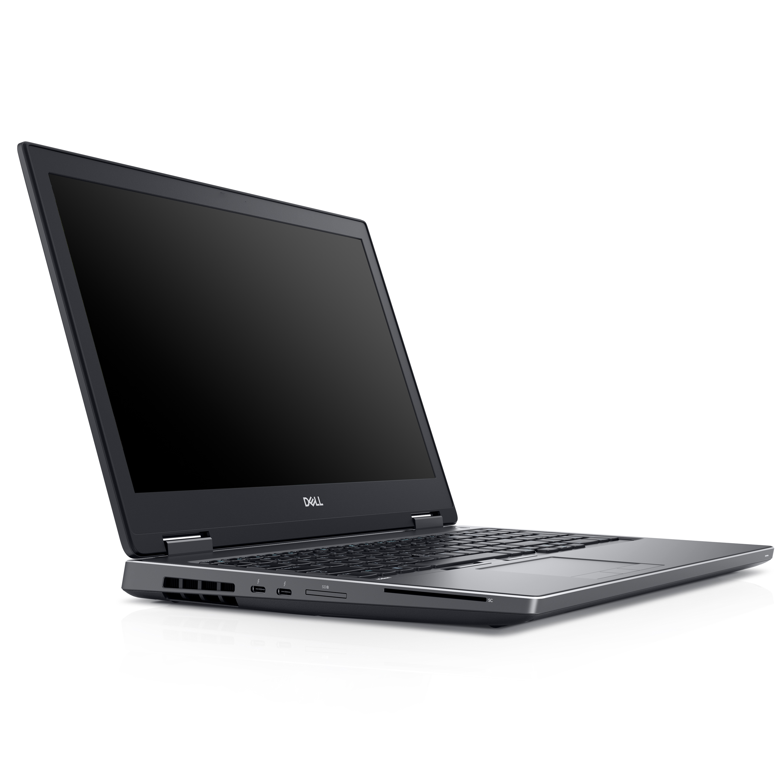 Ein schwarzes Dell Laptop mit Blick auf die Anschlüsse und den leeren Bildschirm auf weißem Hintergrund.