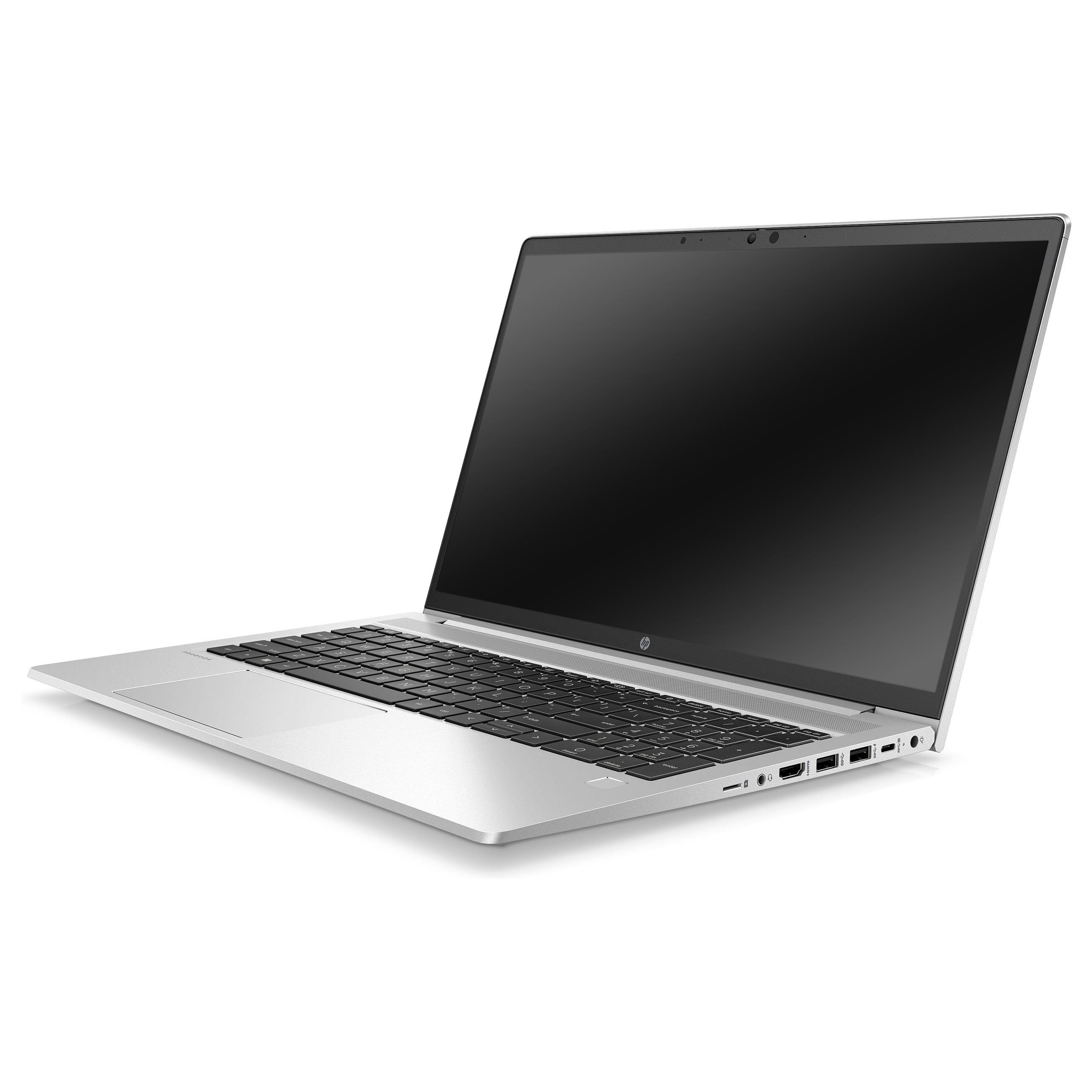 Ein silberner moderner Laptop ist auf weißem Hintergrund geöffnet, leicht angewinkelt, um Tastatur und Anschlüsse zu zeigen.