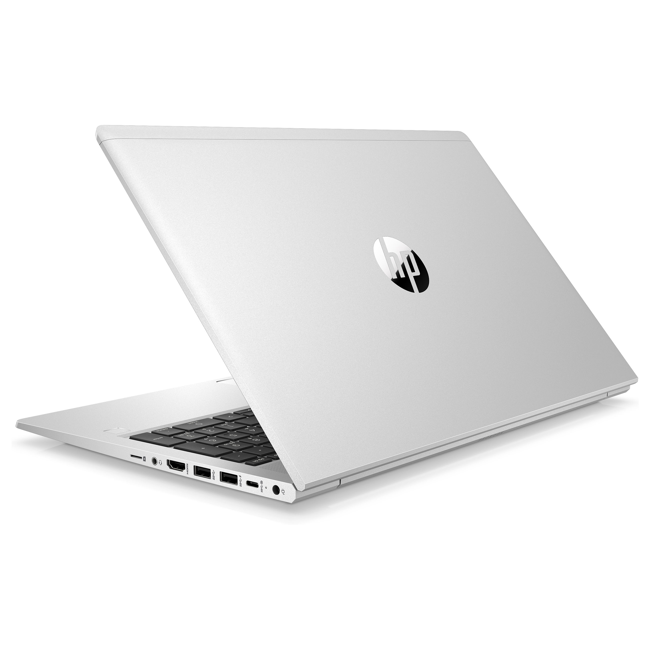 Ein silberner HP Laptop in geöffnetem Zustand zeigt das Gehäuse und die Seitenanschlüsse auf weißem Hintergrund.