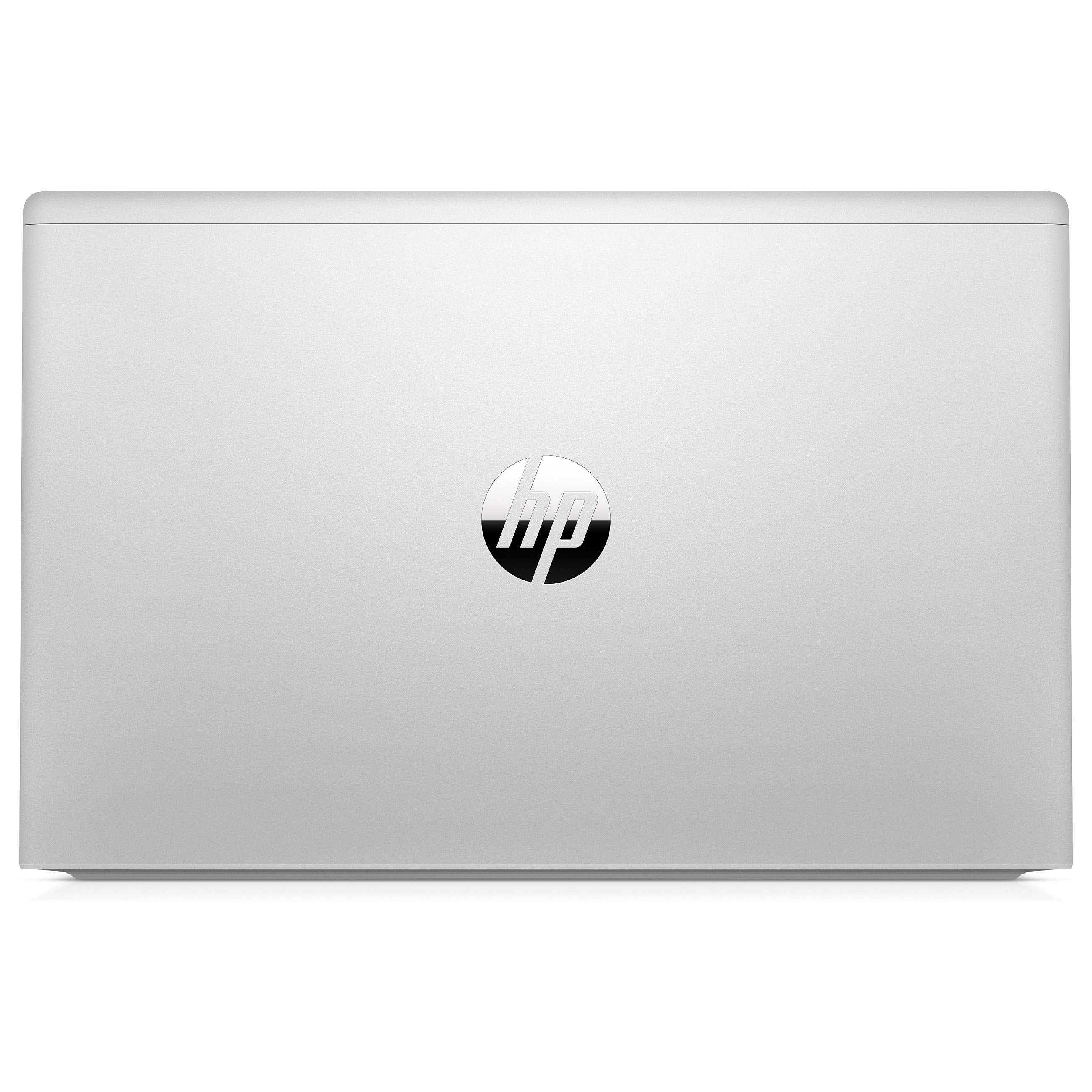 Geschlossener silberner HP-Laptop mit glänzendem Logo in der Mitte vor weißem Hintergrund.