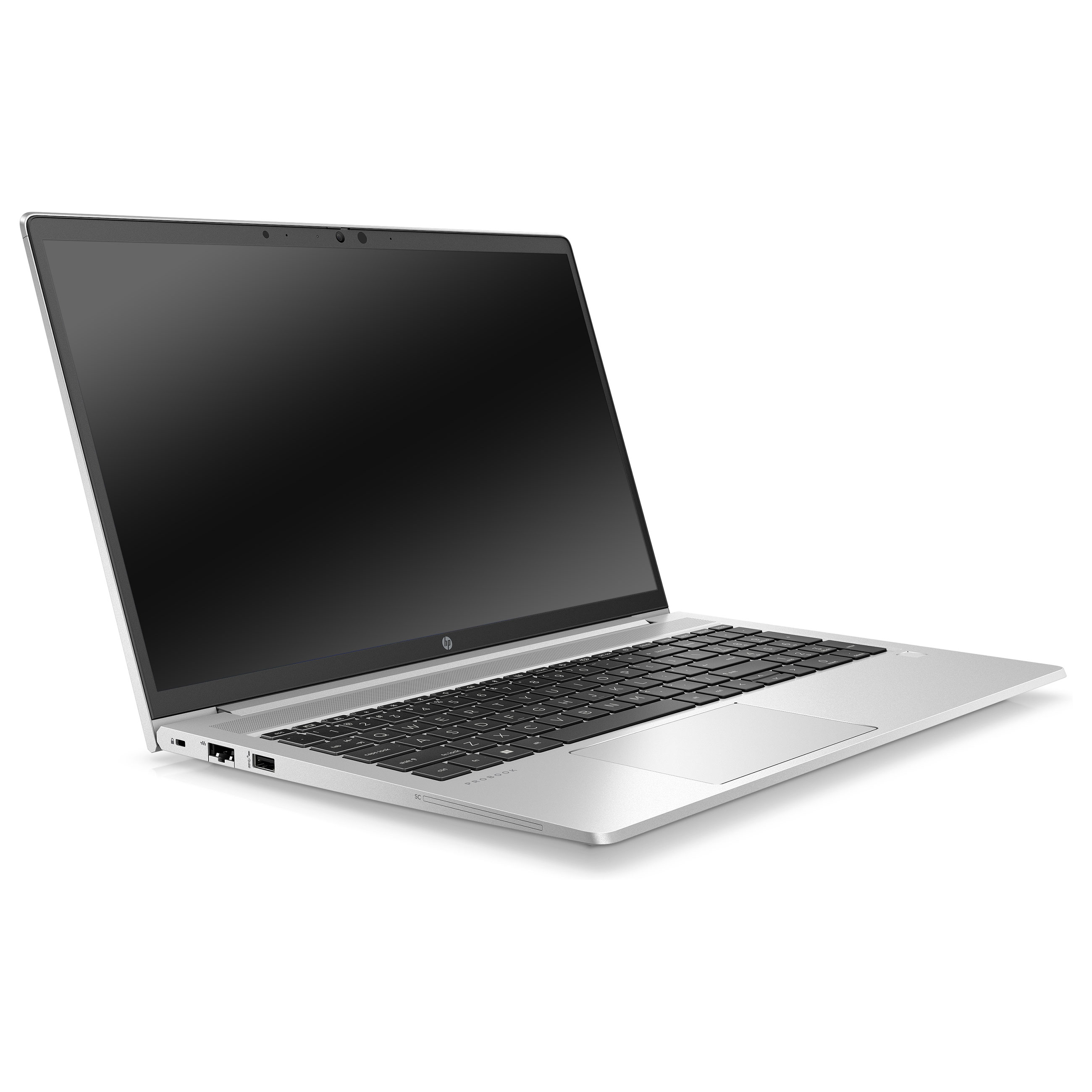 Ein silberner Laptop mit schwarzer Tastatur steht auf einer weißen Oberfläche.