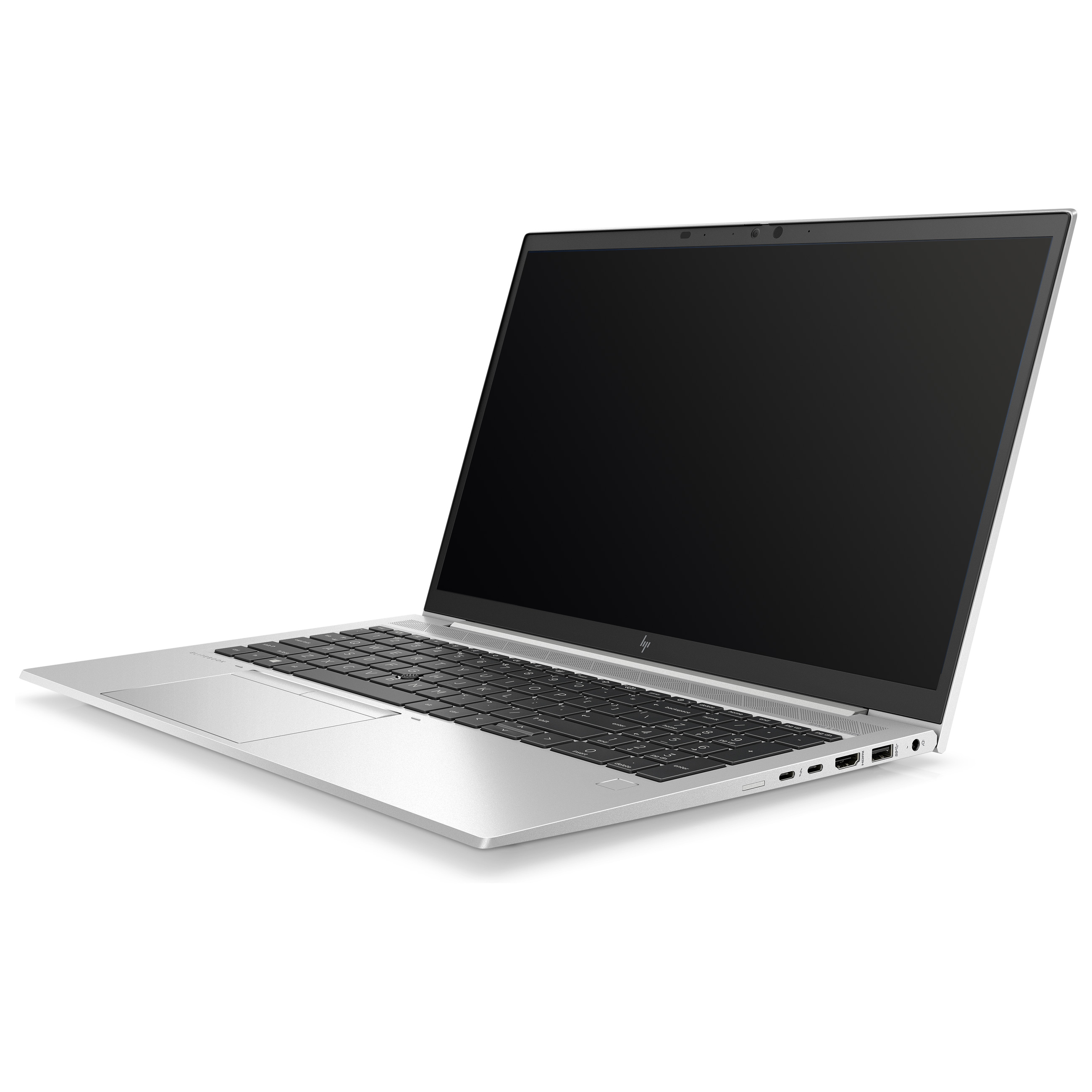 Ein silberner Laptop mit schwarzer Tastatur und dunklem Bildschirm auf weißem Hintergrund.