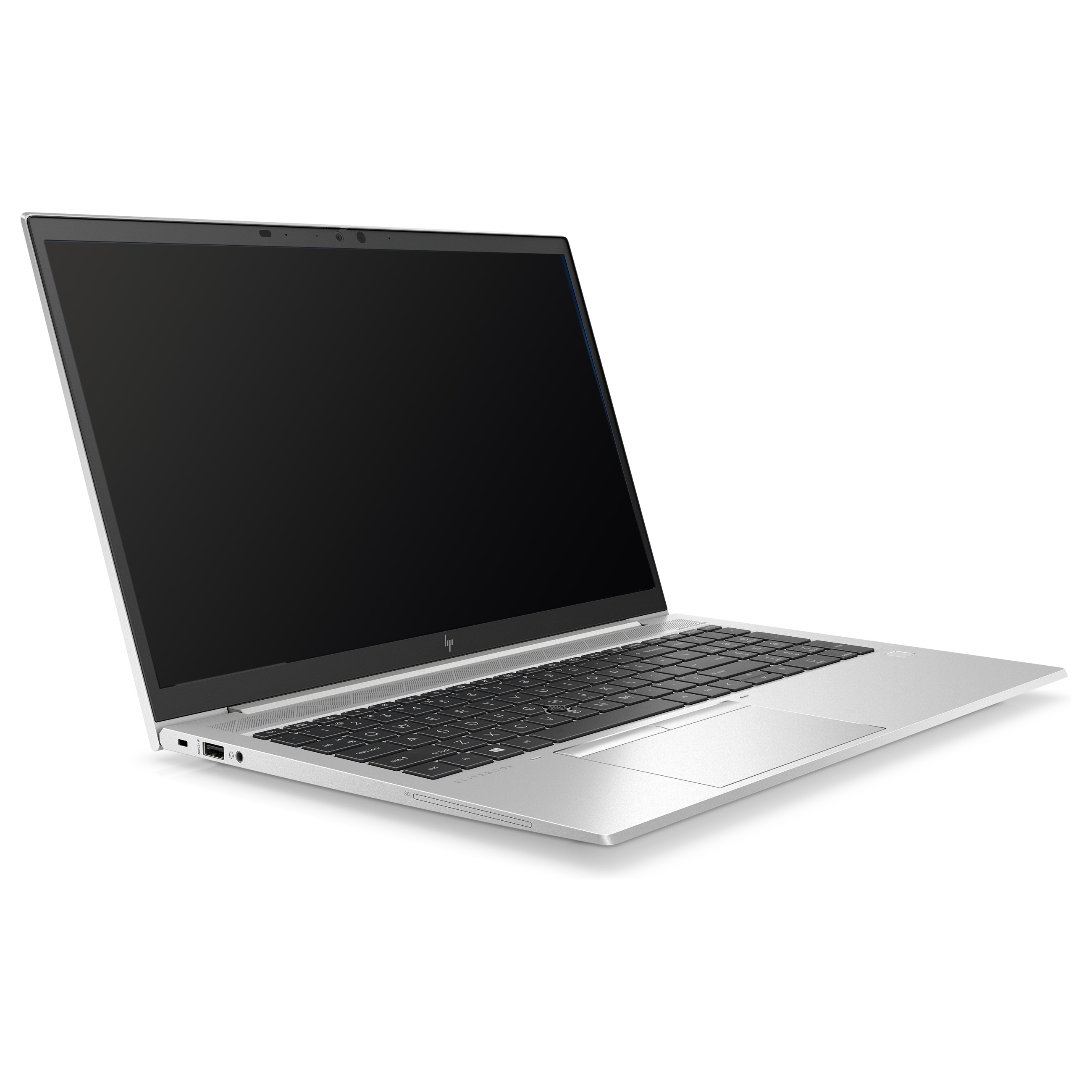 Ein silberner Laptop mit schwarzer Tastatur und dunklem Bildschirm, von unten vor weißem Hintergrund.