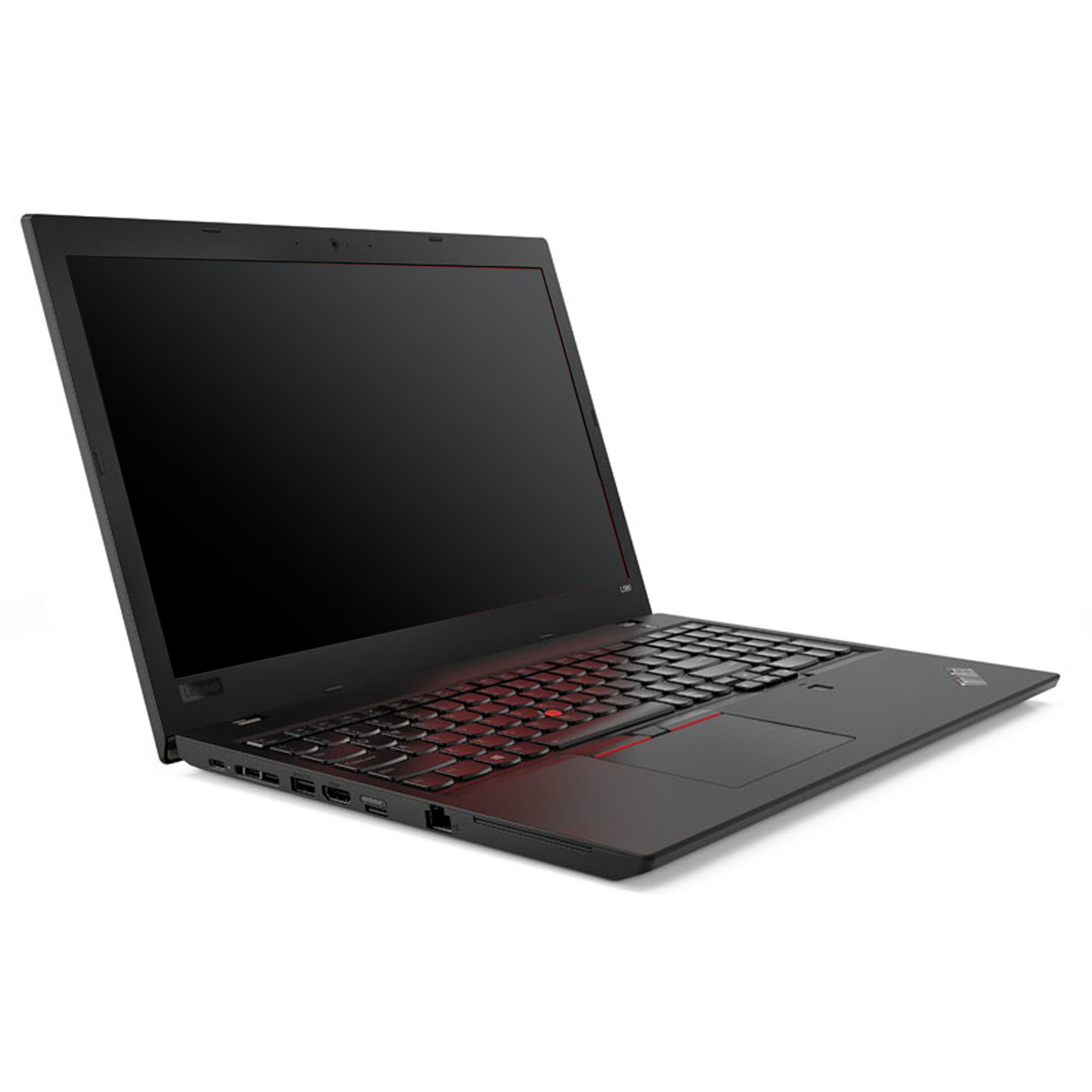 Ein schwarzer Laptop auf weißem Hintergrund, seitlich geöffnet mit Blick auf die Tastatur.