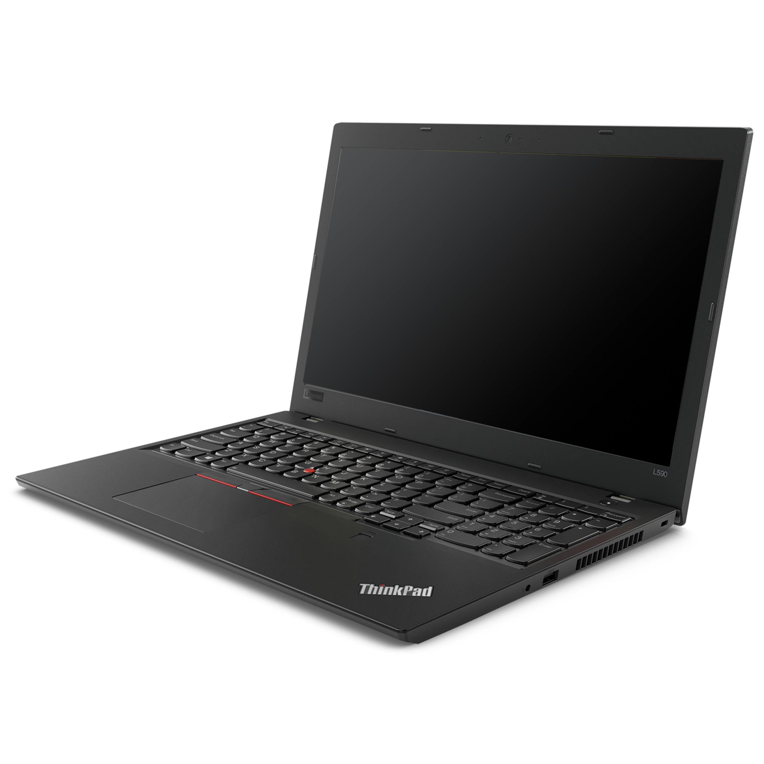 Ein schwarzer Lenovo ThinkPad Laptop steht auf einer weissen Oberflaeche mit schwarzem Bildschirm.