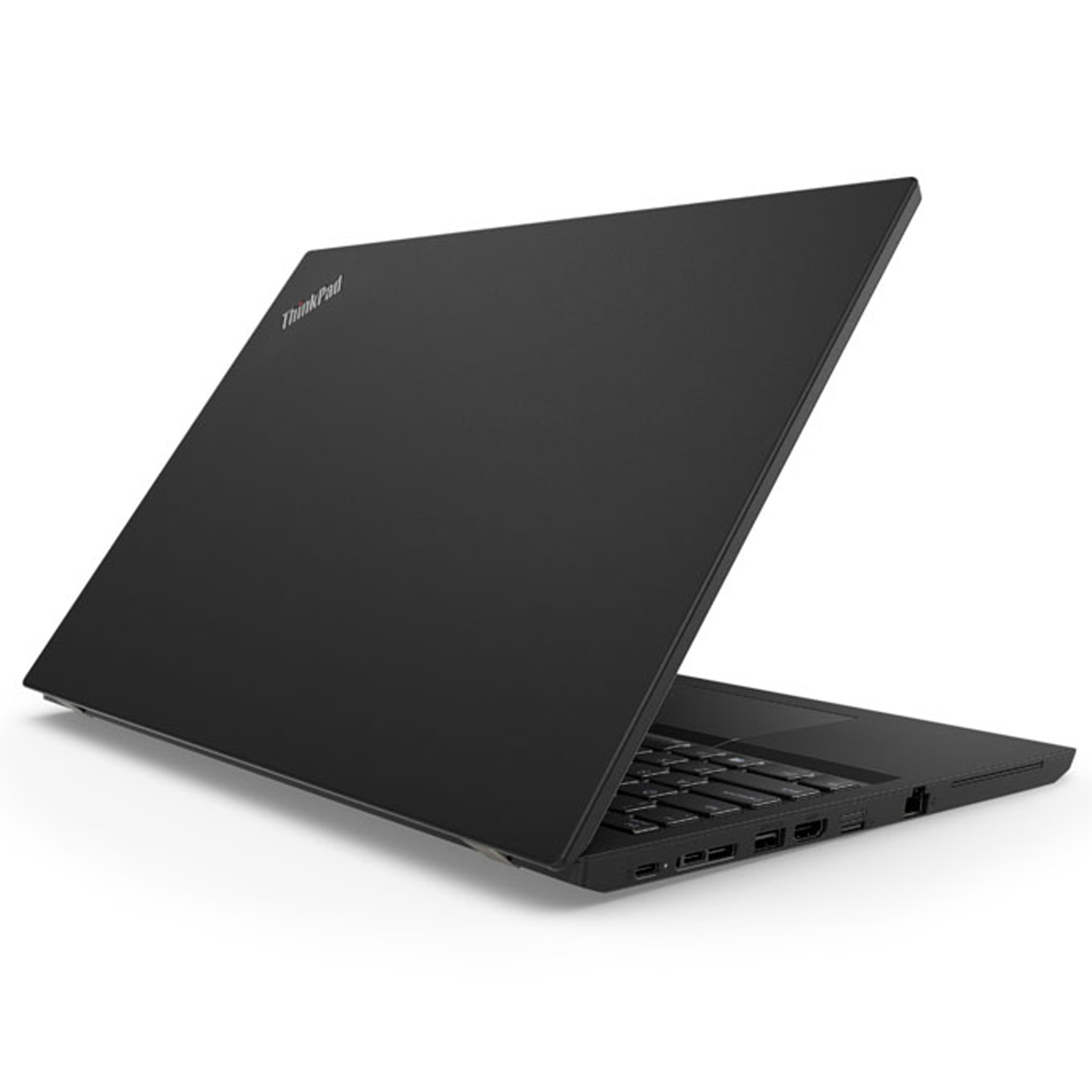 Ein schwarzes ThinkPad-Laptop wird von hinten rechts vor weißem Hintergrund gezeigt.