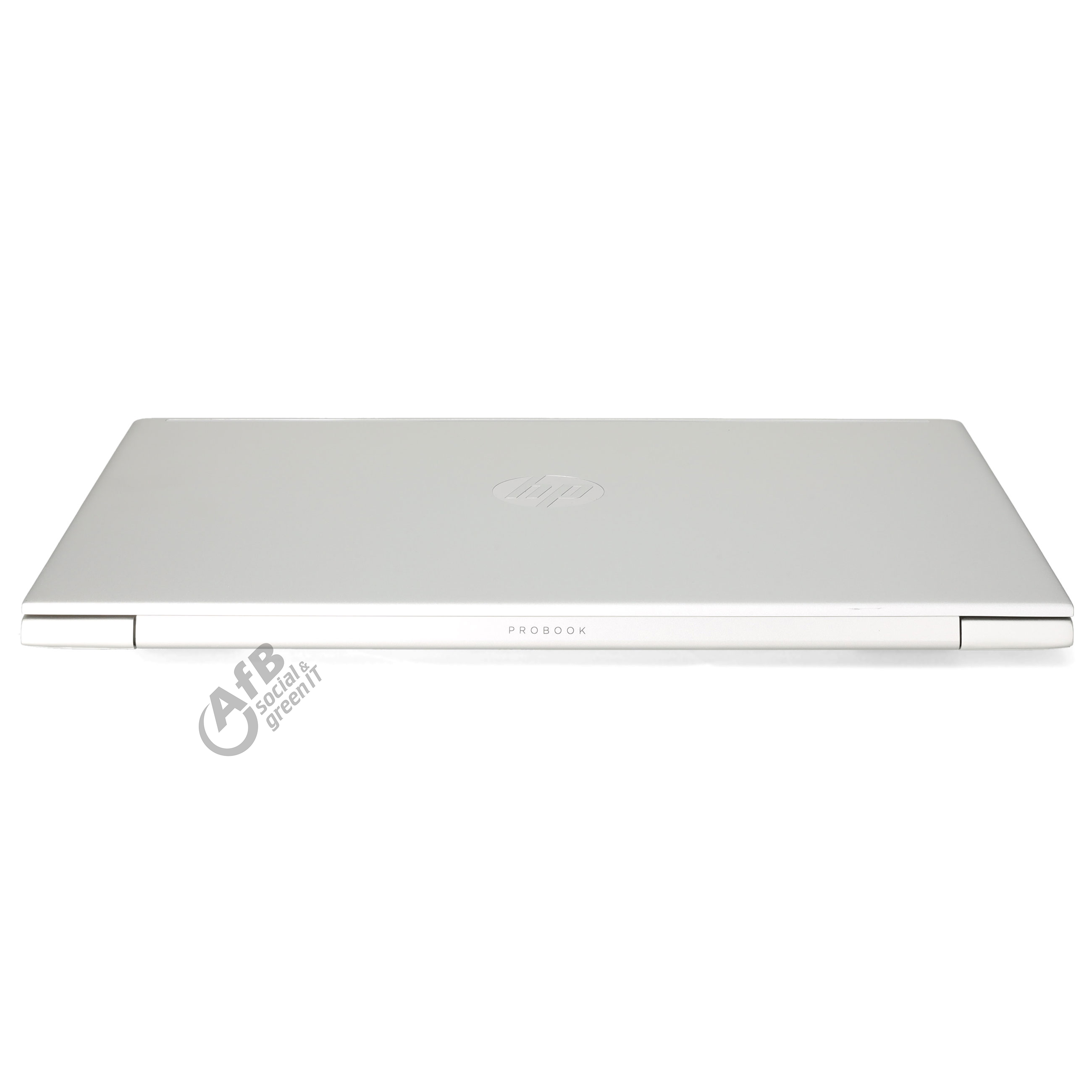 Geschlossener silberner HP ProBook Laptop von vorne vor weißem Hintergrund mit Logo.