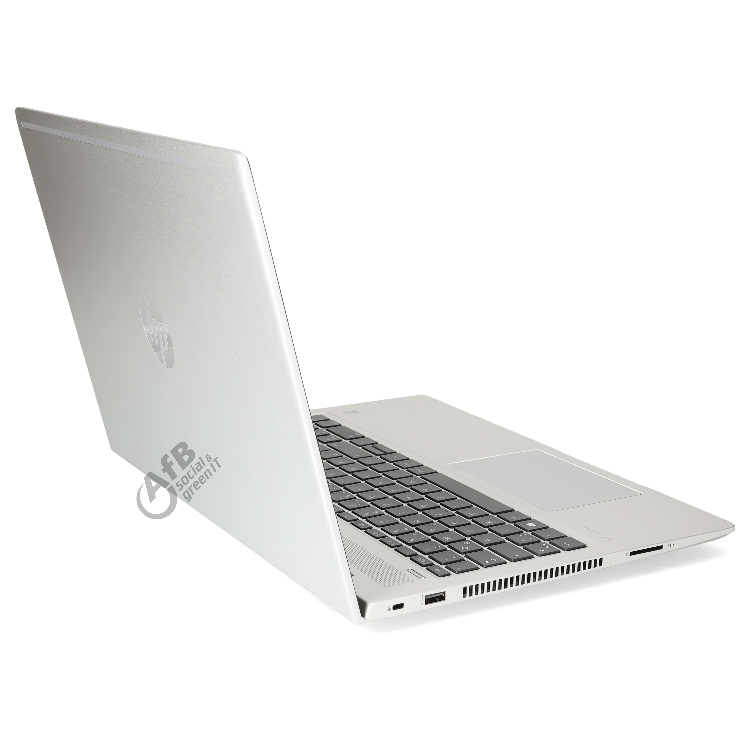 Ein silberner HP Laptop auf weißem Grund zeigt Tastatur und Deckel mit AfB-Logo.