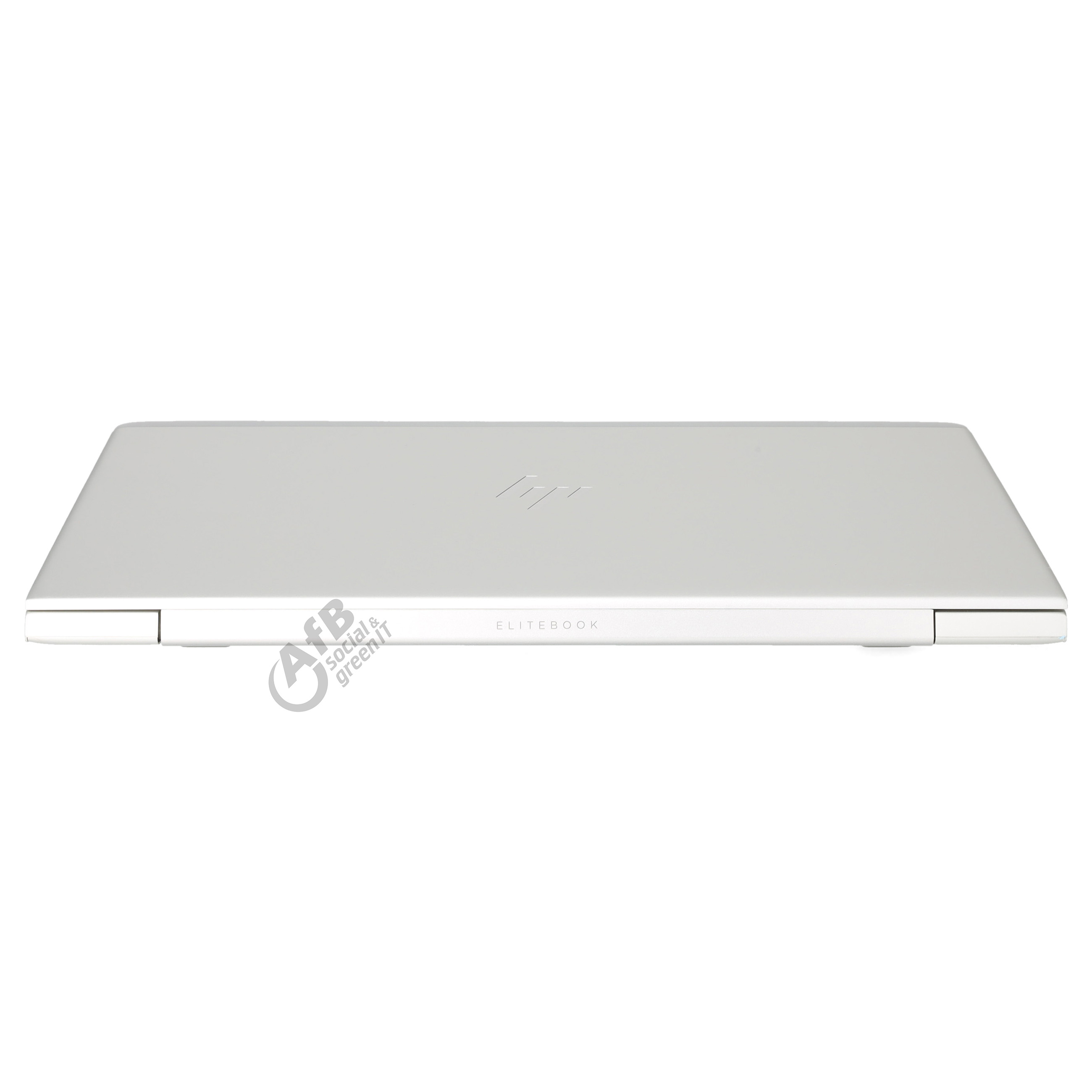 Geschlossener silberner HP EliteBook Laptop vor weißem Hintergrund, Vorderkantenansicht.