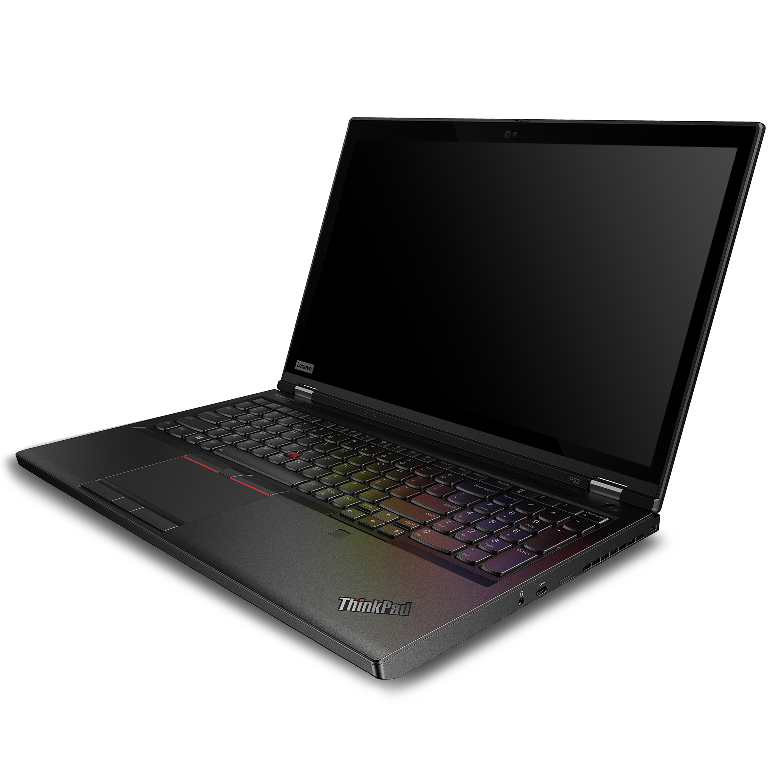 Ein schwarzer Lenovo ThinkPad Laptop mit Regenbogen-Hintergrundbeleuchtung auf der Tastatur auf weißem Hintergrund.