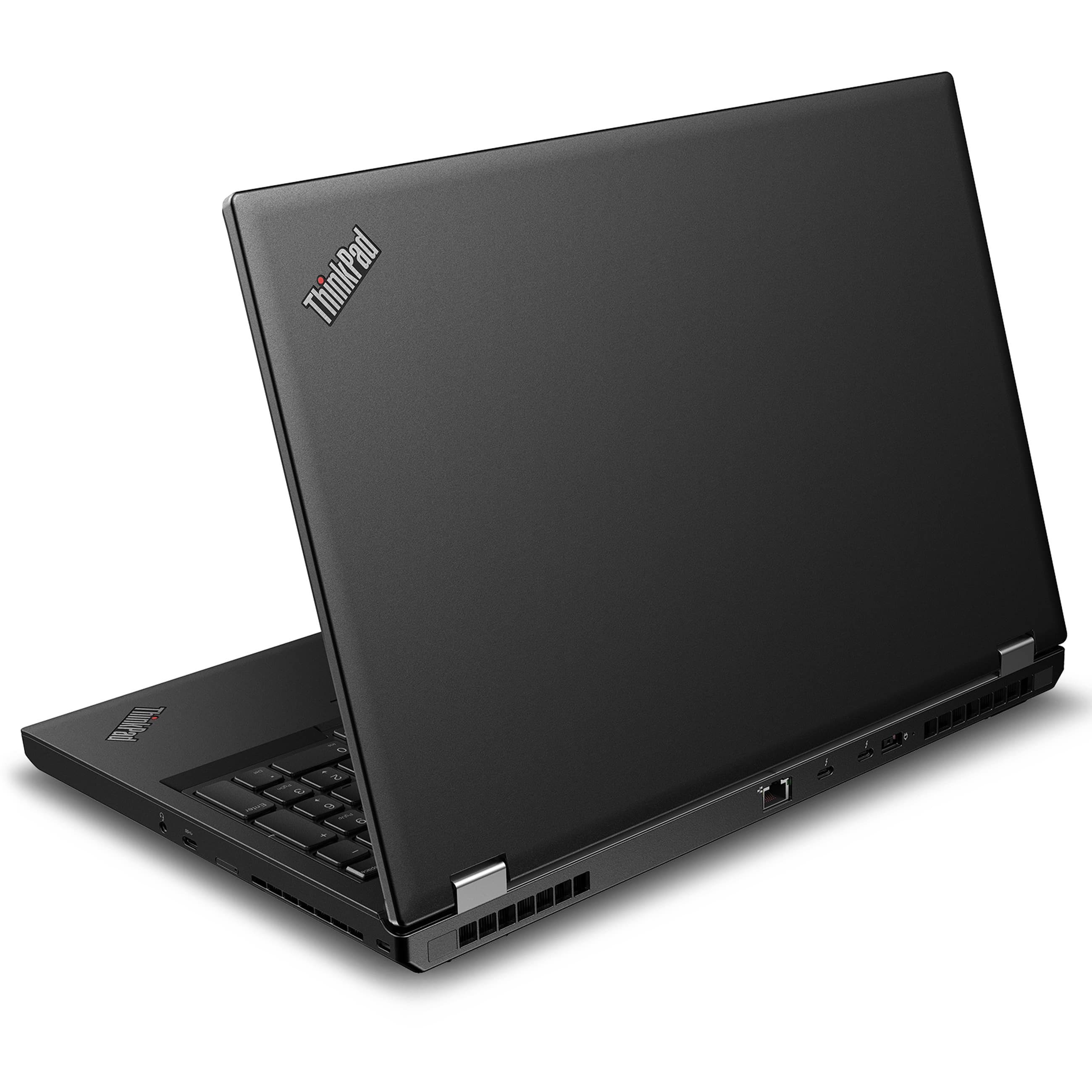 Ein schwarzer ThinkPad-Laptop von hinten und der Seite, mit Anschlüssen und Logo.