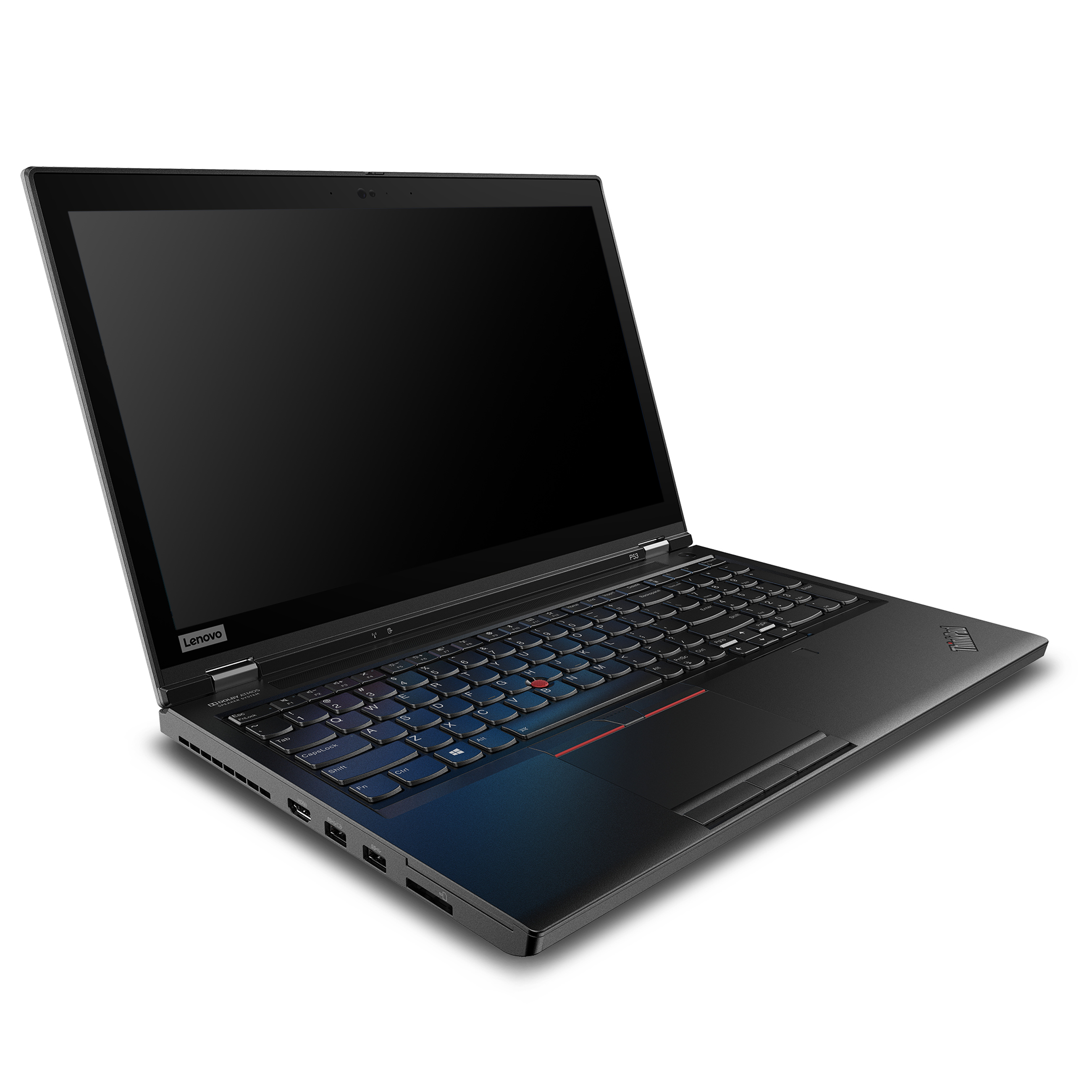 Ein offener schwarzer Lenovo-Laptop mit schwarzem Bildschirm und rotem Trackpoint steht auf weißem Grund.