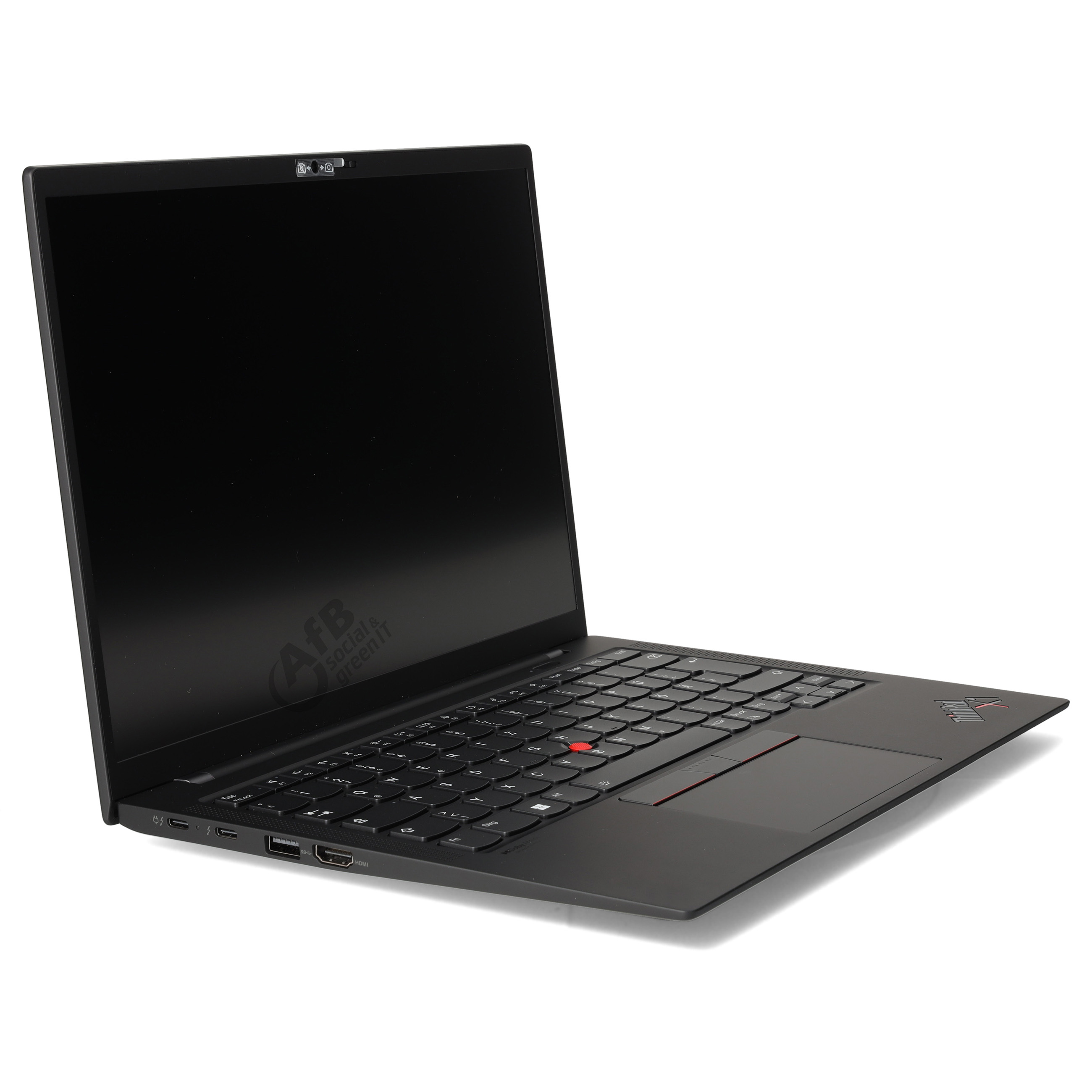 Ein schwarzer Laptop steht offen auf weißem Hintergrund mit einem Firmenlogo auf dem Bildschirm.
