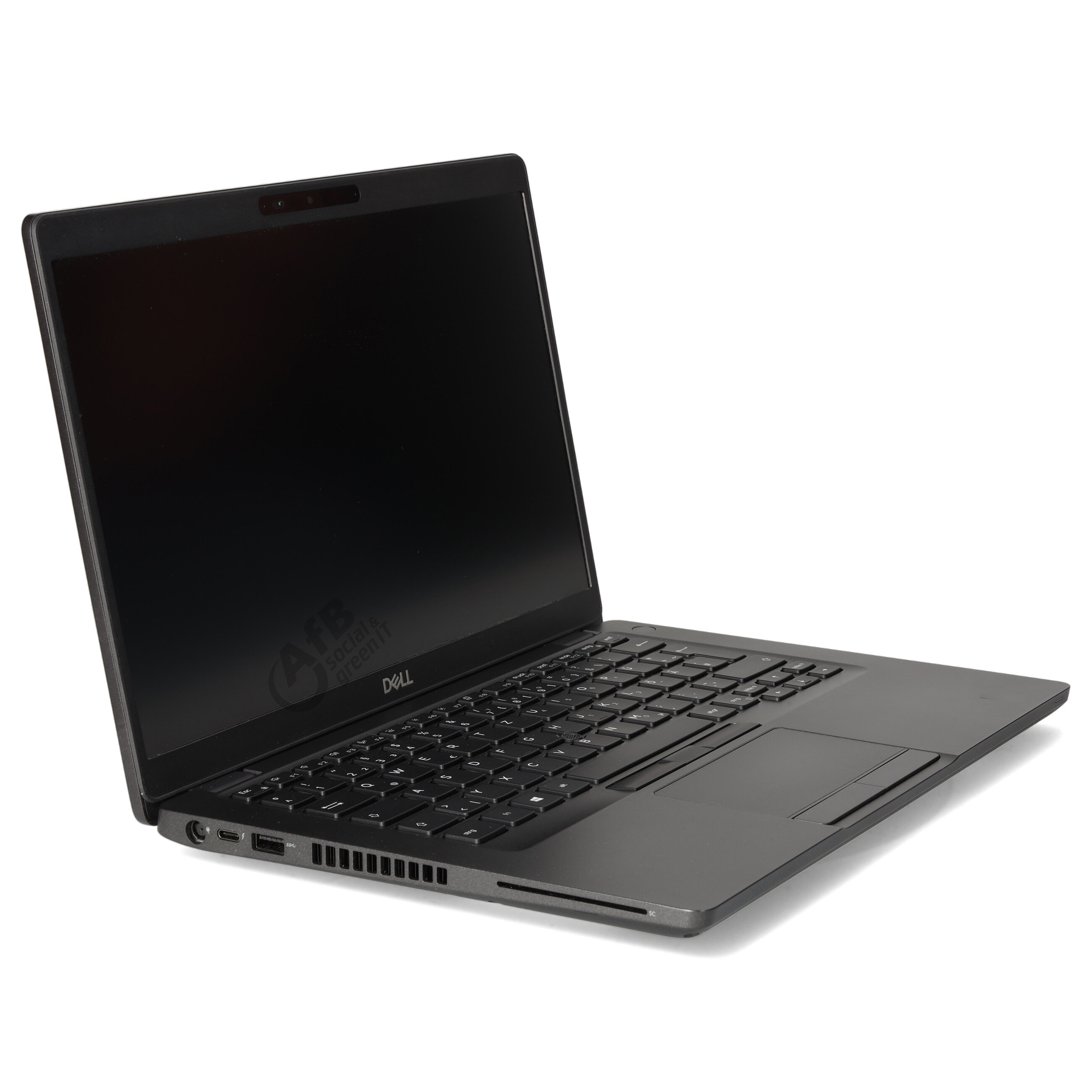 Ein schwarzer Dell-Laptop auf weißem Hintergrund, seitlich geöffnet mit schwarzem Bildschirm.