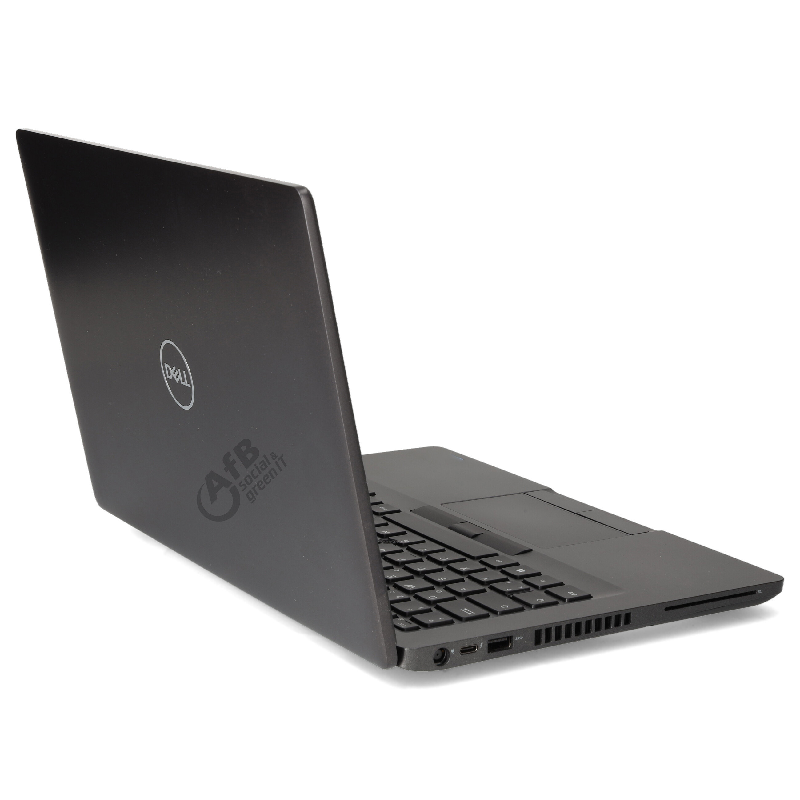 Ein schwarzer Dell-Laptop mit geschlossenerem Bildschirm, auf dem das AfB-Logo zu sehen ist, steht auf weißem Grund.