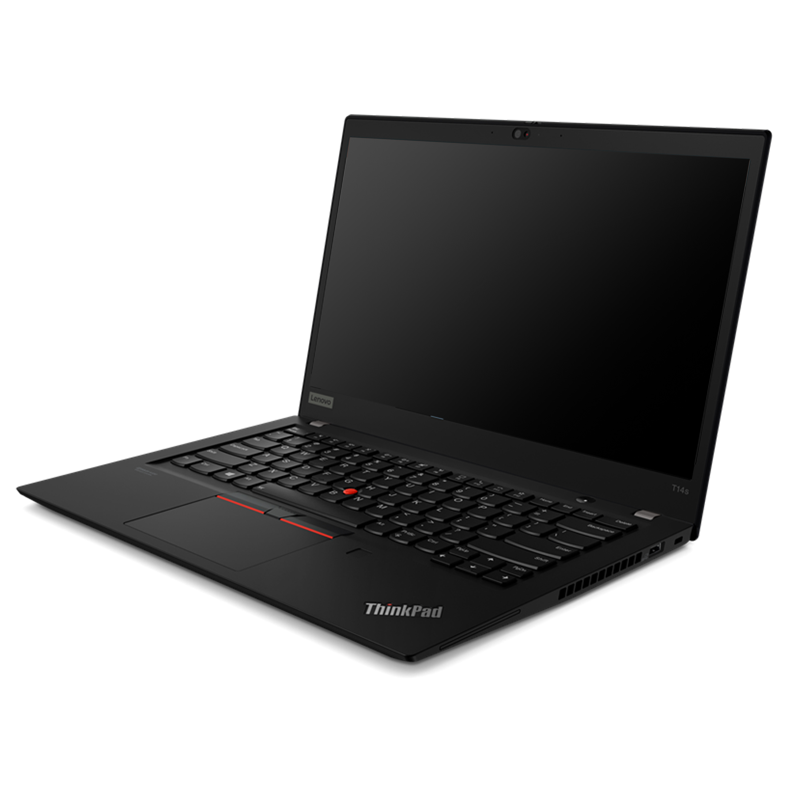 Ein offener schwarzer Lenovo ThinkPad Laptop steht auf einer weißen Oberfläche mit schwarzem Bildschirm.