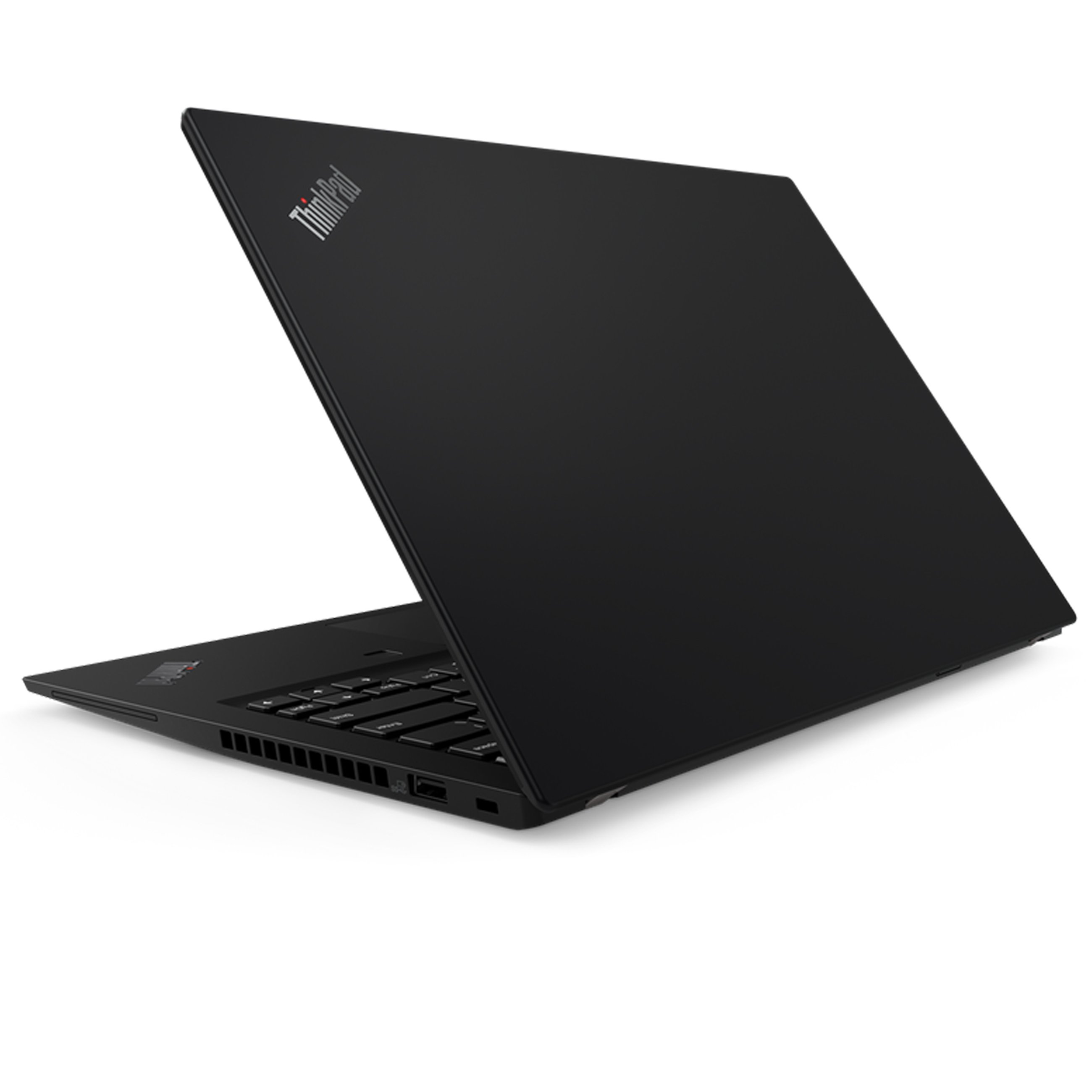 Ein geschlossener schwarzer ThinkPad-Laptop steht auf einer weißen Oberfläche mit sichtbarem Logo.