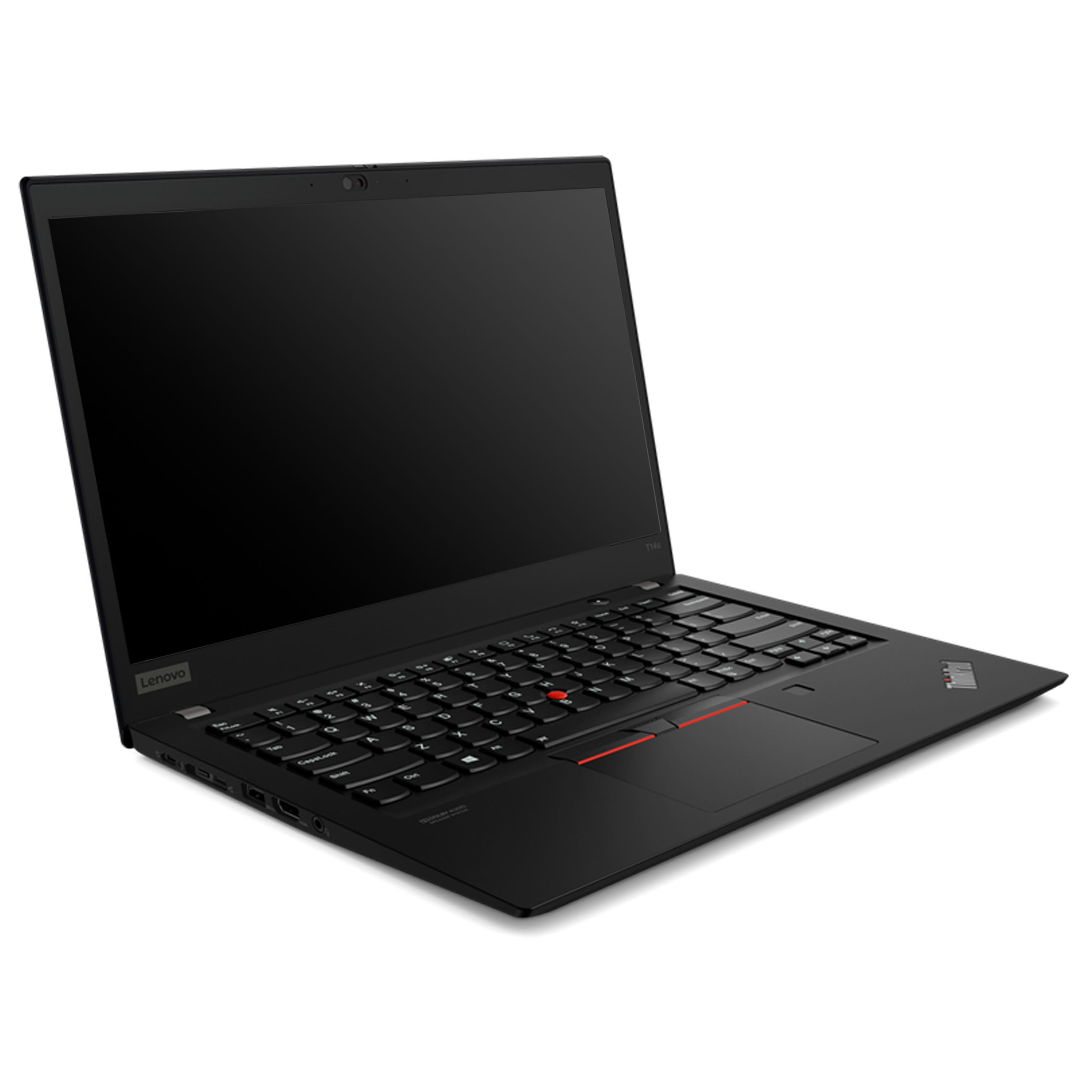 Ein schwarzer Lenovo ThinkPad Laptop ist auf einer weißen Oberfläche offen dargestellt.