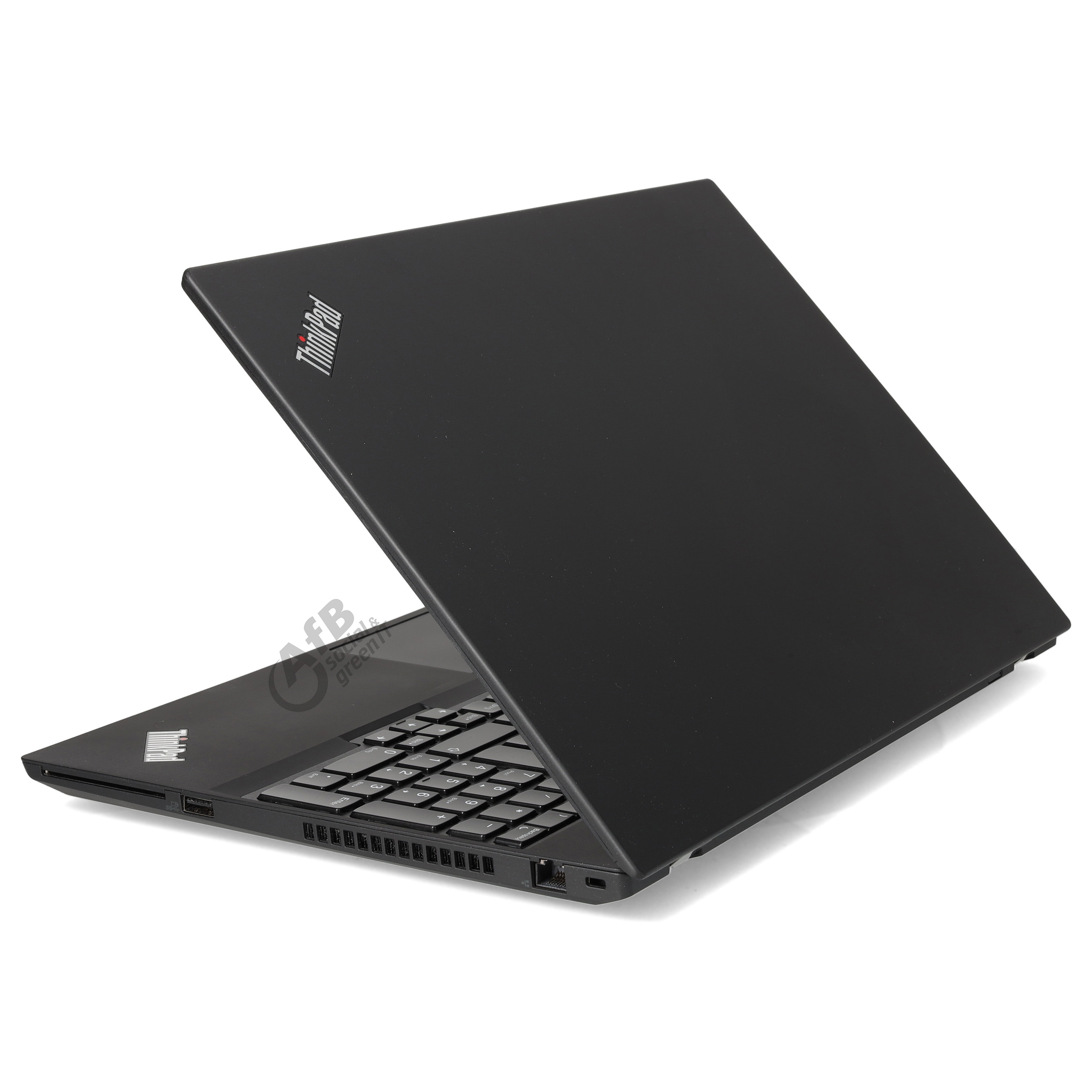 Ein schwarzer ThinkPad Laptop steht auf einer weissen Oberflaeche, der Bildschirm ist leicht geoeffnet.