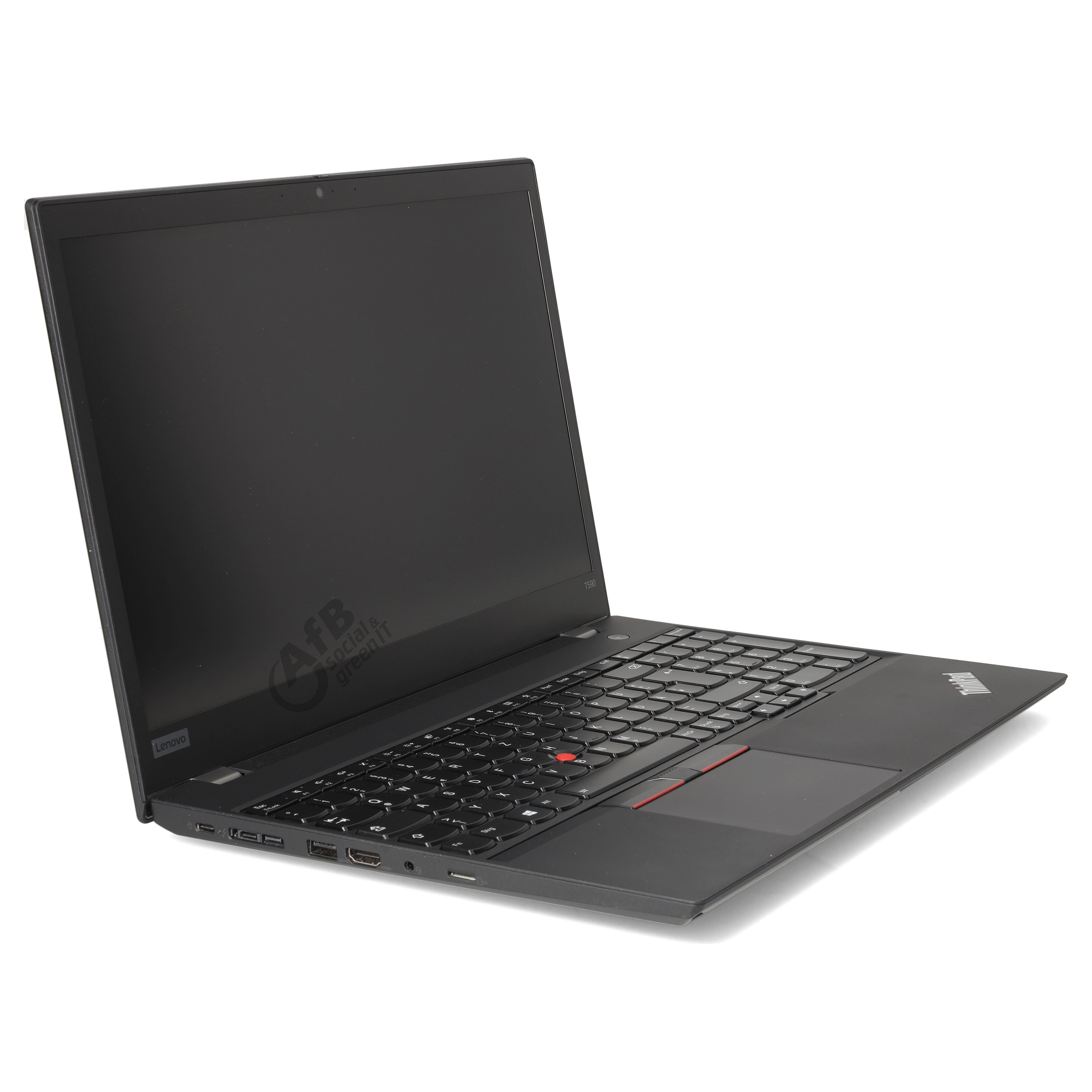 Ein schwarzer Lenovo ThinkPad T590 Laptop steht offen auf einer weißem Hintergrund.
