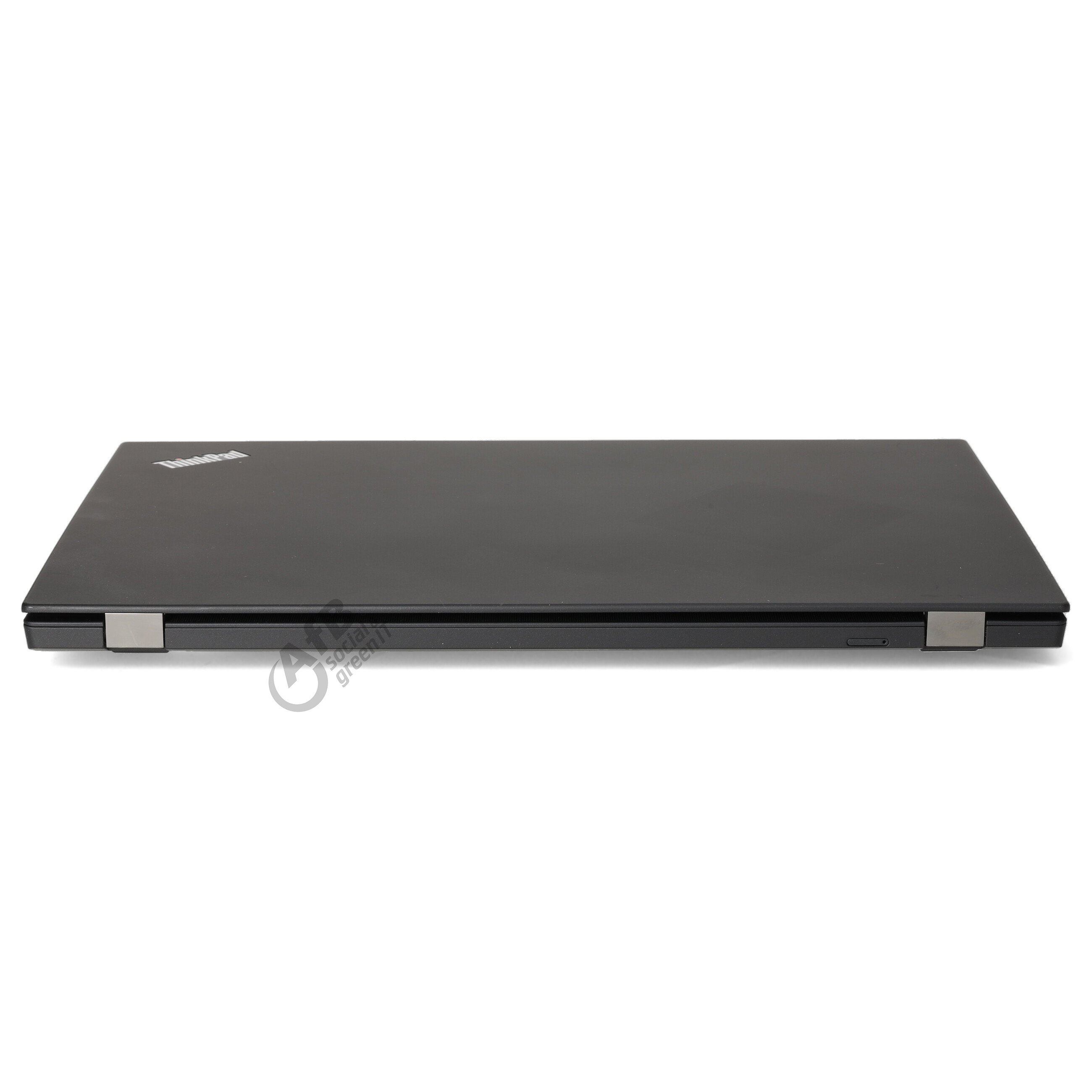 Ein geschlossener schwarzer ThinkPad-Laptop liegt flach auf einer weißen Oberfläche mit sichtbarem Logo.