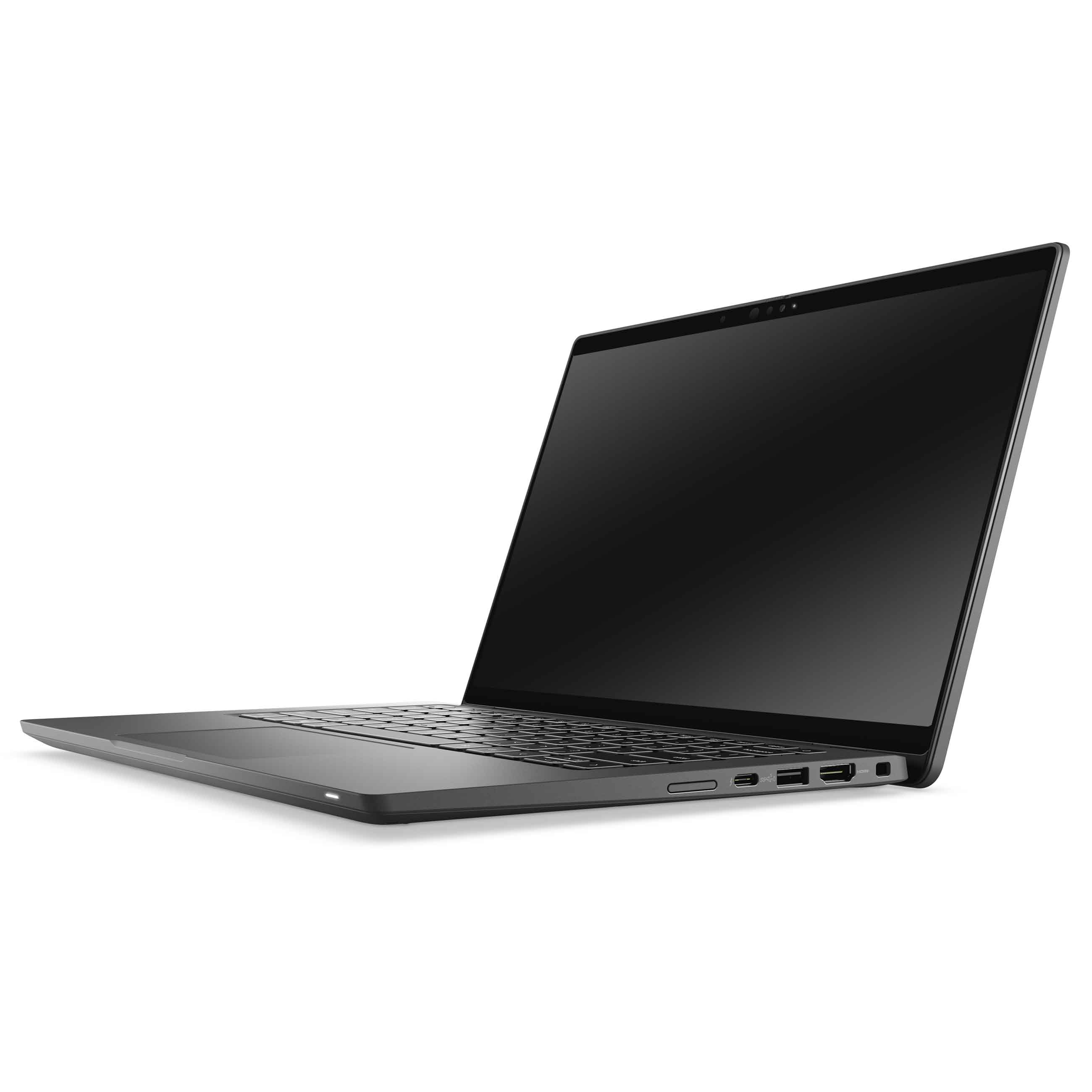 Ein schlanker, dunkelgrauer Laptop von der Seite, auf weißer Oberfläche, zeigt Anschlüsse und Tastatur.