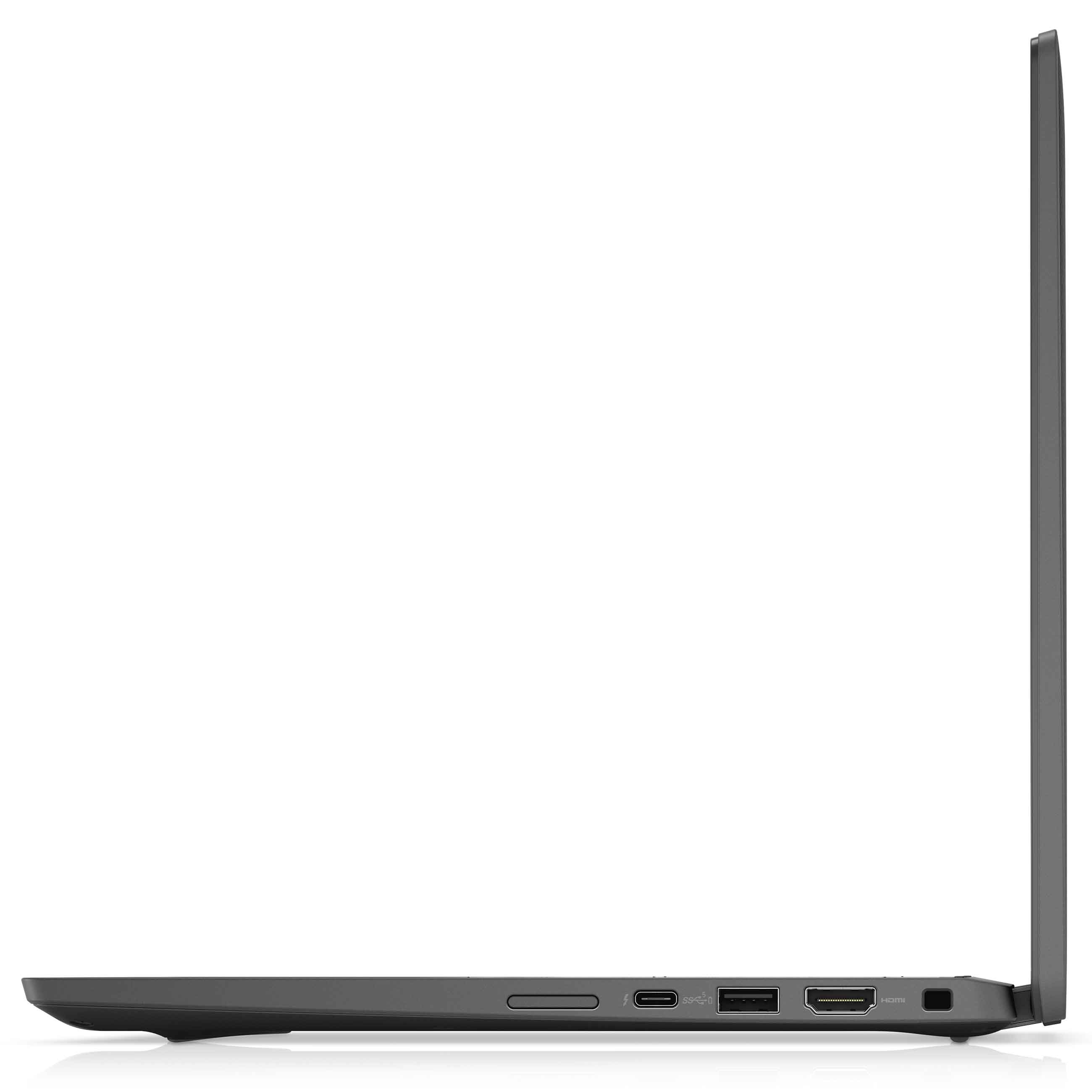 Linke Seite eines grauen Laptops mit USB-C-, USB-A- und HDMI-Anschlüssen auf einer weißen Oberfläche.