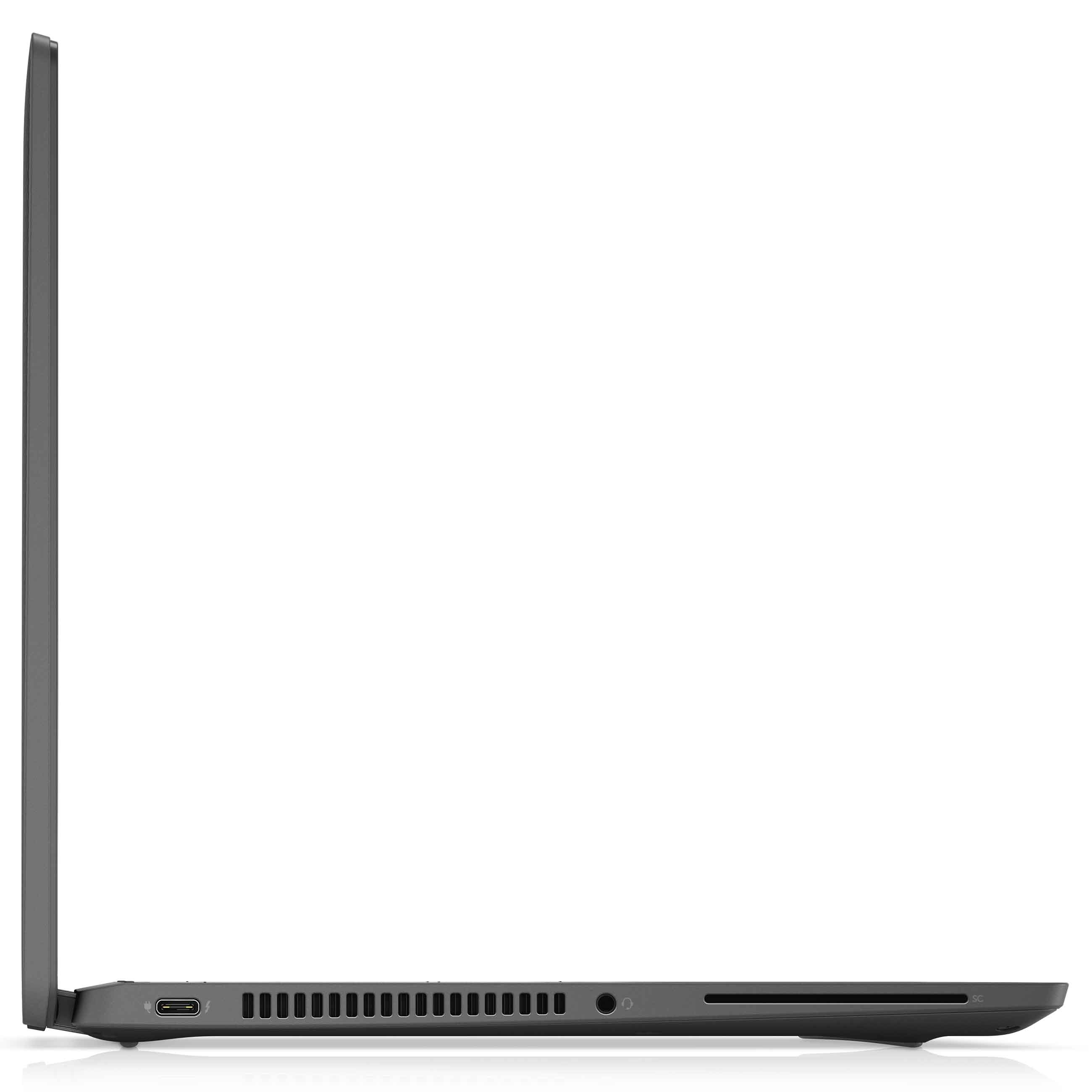 Seitenansicht eines geschlossenen dunklen Laptops mit USB-C-Anschluss, Lüftungsschlitzen und Kartenleser.