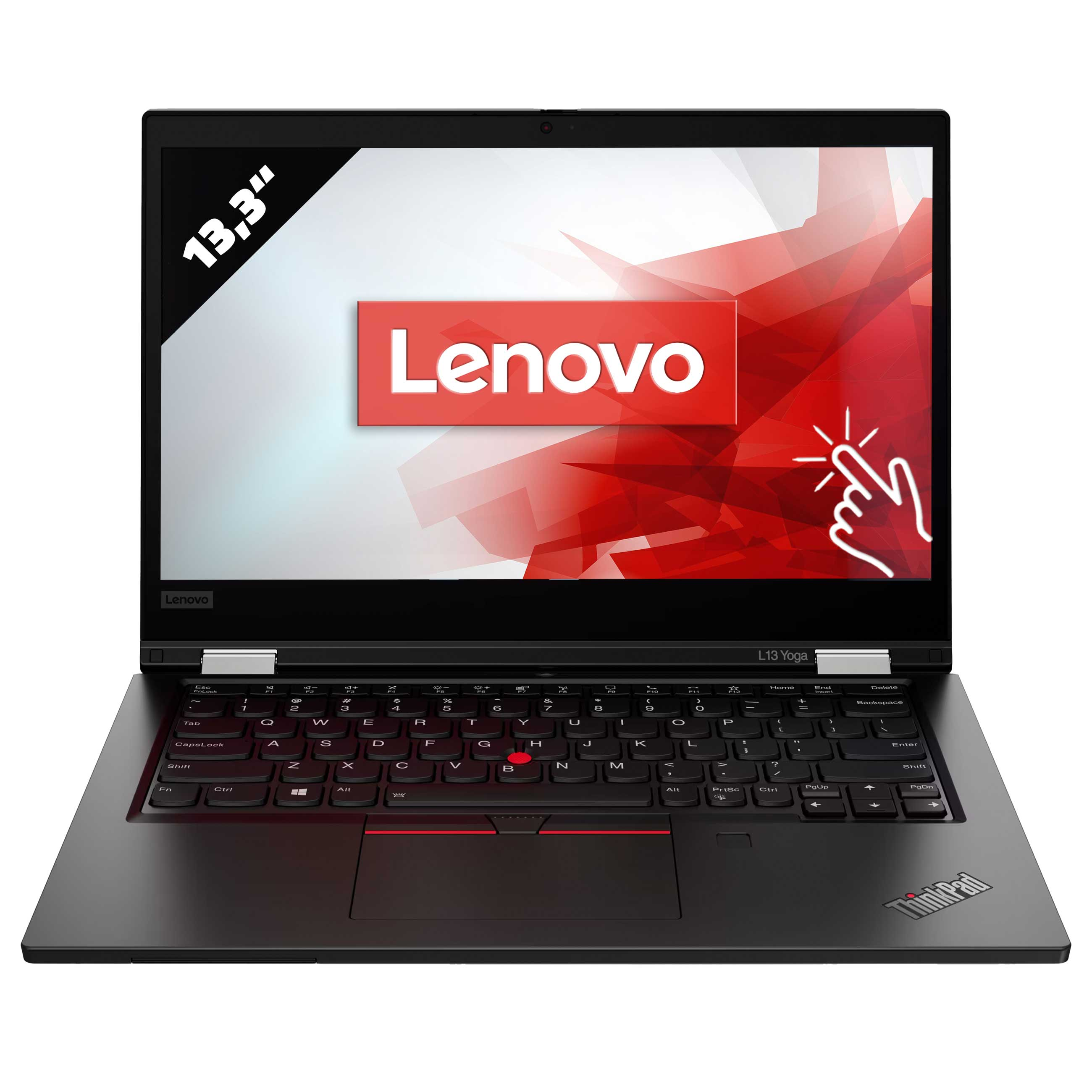 Ein schwarzer Lenovo L13 Yoga Laptop ist geöffnet zu sehen, mit rotem Hintergrund und sichtbarer Tastatur.