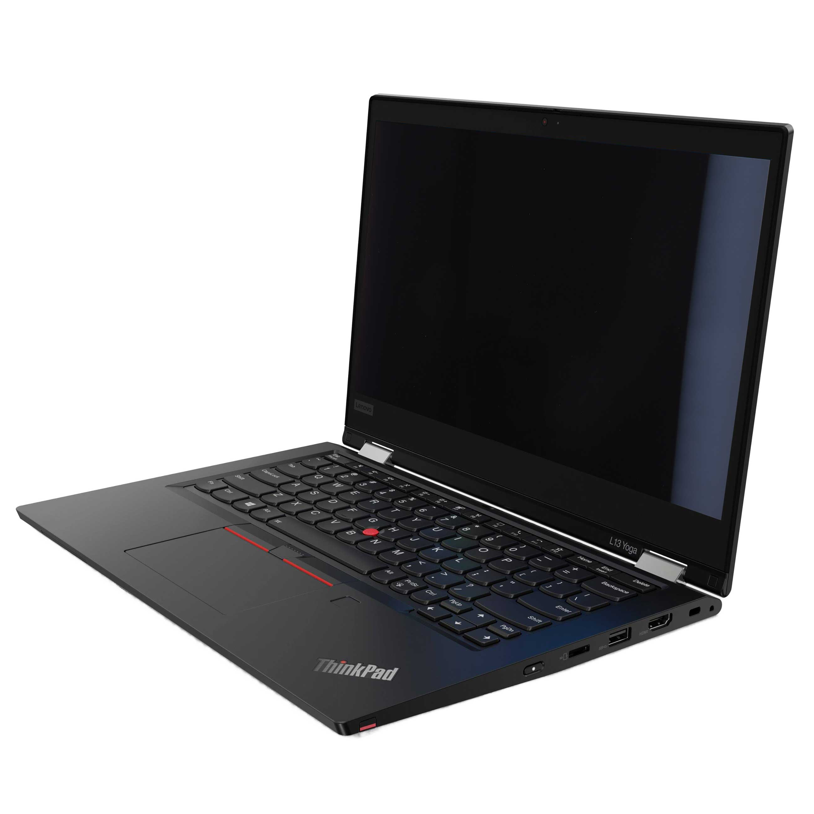 Ein schwarzer Lenovo ThinkPad L13 Yoga Laptop steht auf weißem Hintergrund.
