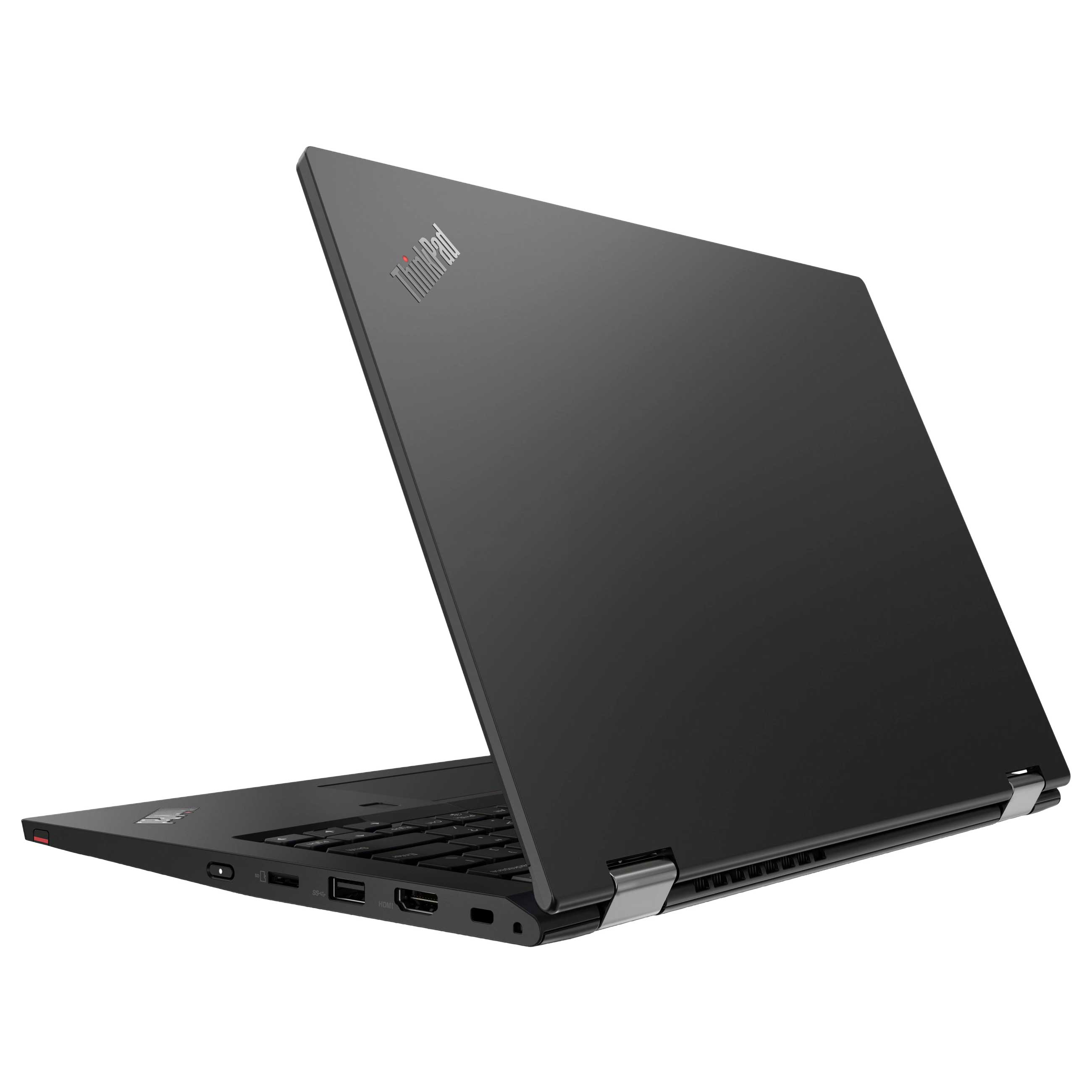 Ein schwarzer ThinkPad Laptop steht auf einer weissen Oberflaeche mit sichtbaren Anschluessen an der Seite.