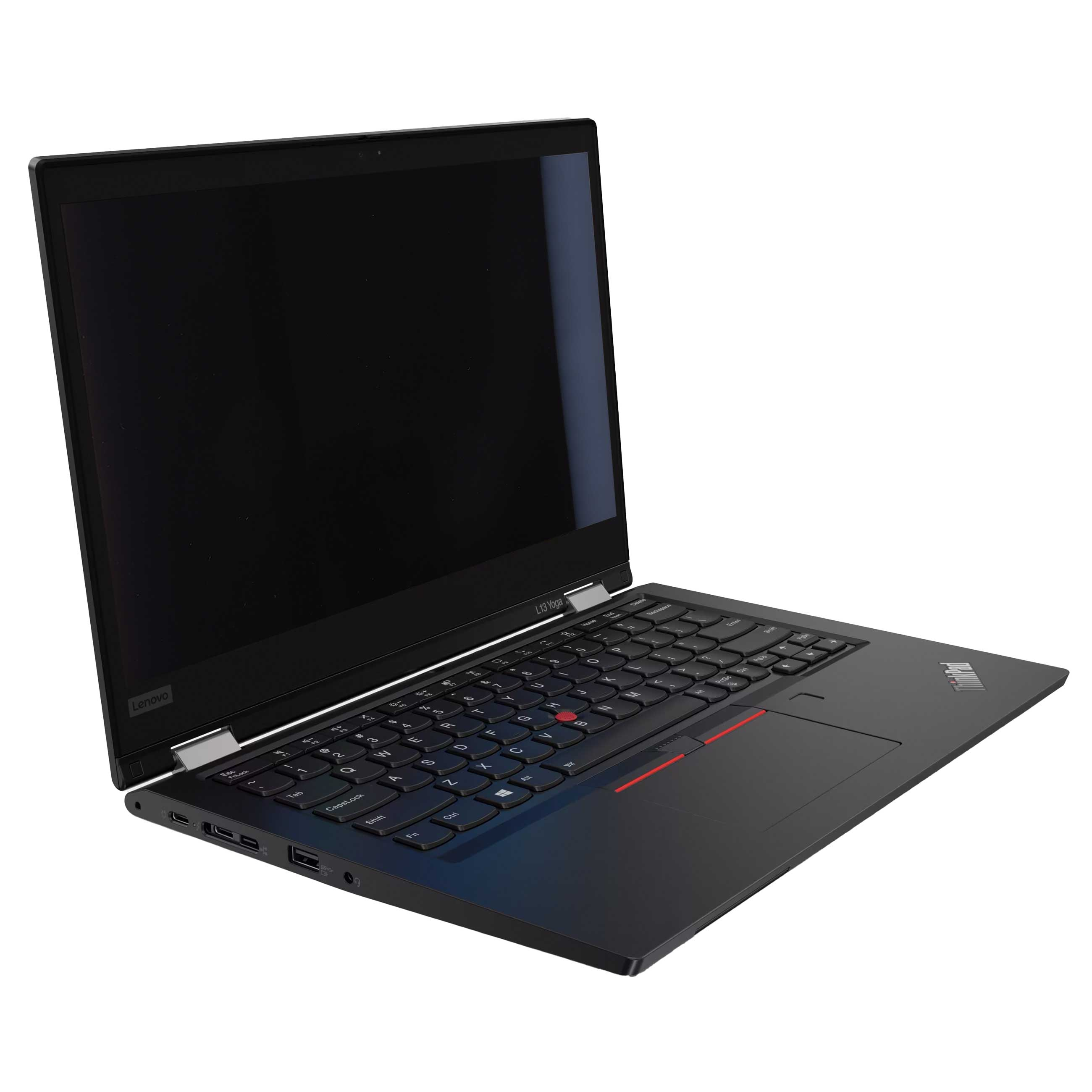 Ein offener schwarzer Lenovo Laptop mit beleuchteter Tastatur steht auf einer weißen Oberfläche.