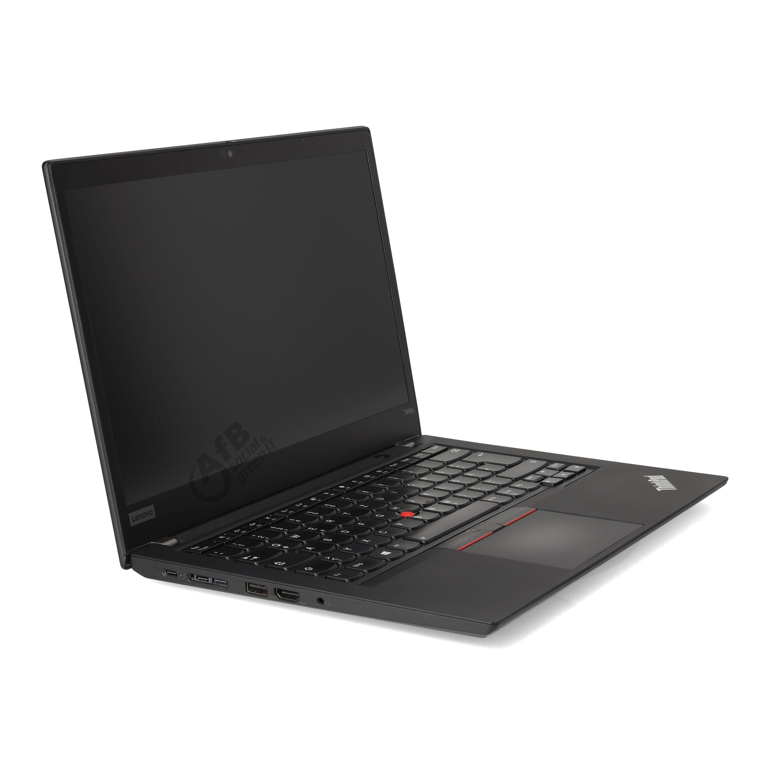 Ein offener schwarzer Lenovo ThinkPad T490s Laptop vor weißem Hintergrund, aus der rechten Vorderansicht.