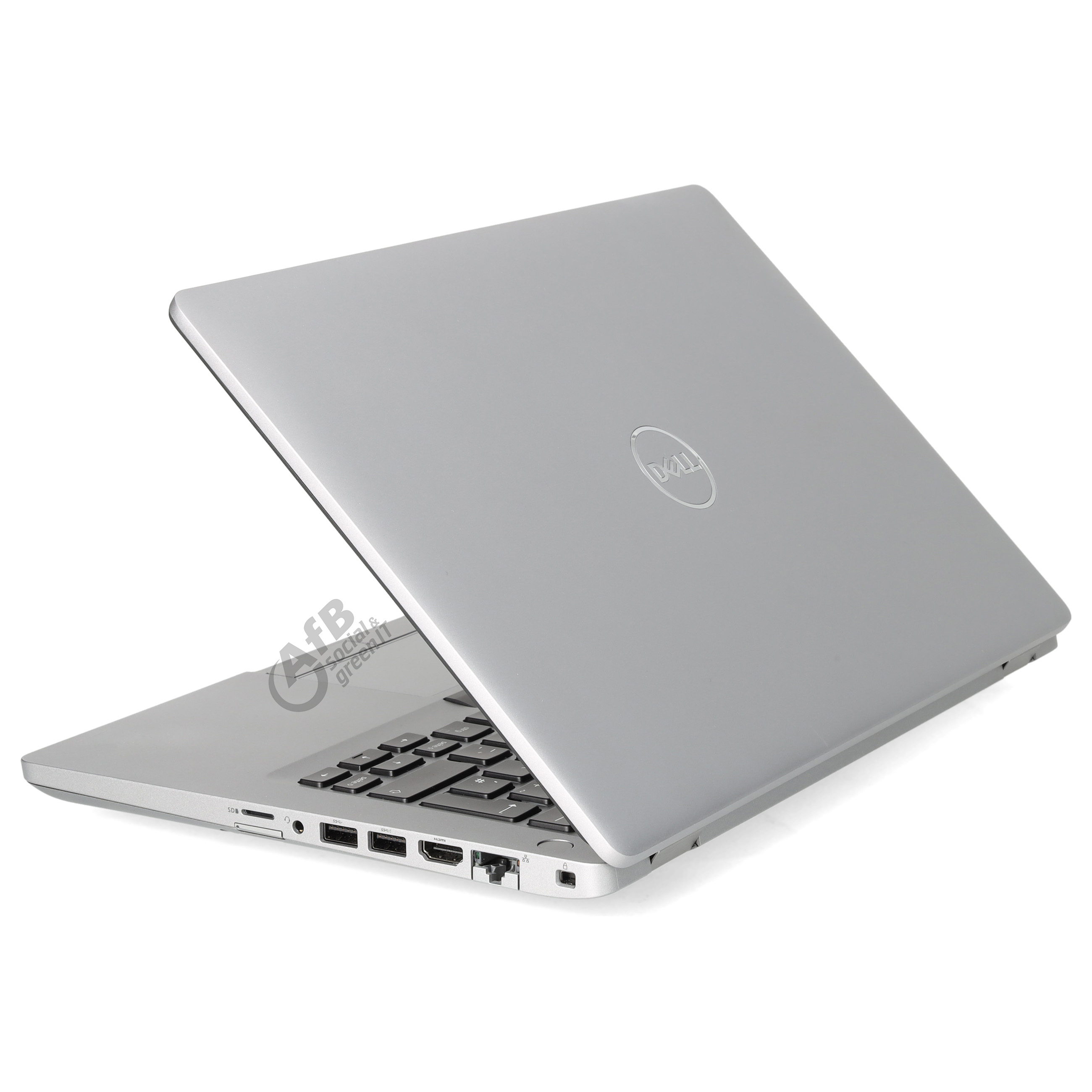 Ein silbernes Dell-Laptop steht auf weißem Hintergrund, mit Tastatur, Anschlüssen und Logo auf dem geschlossenen Deckel.