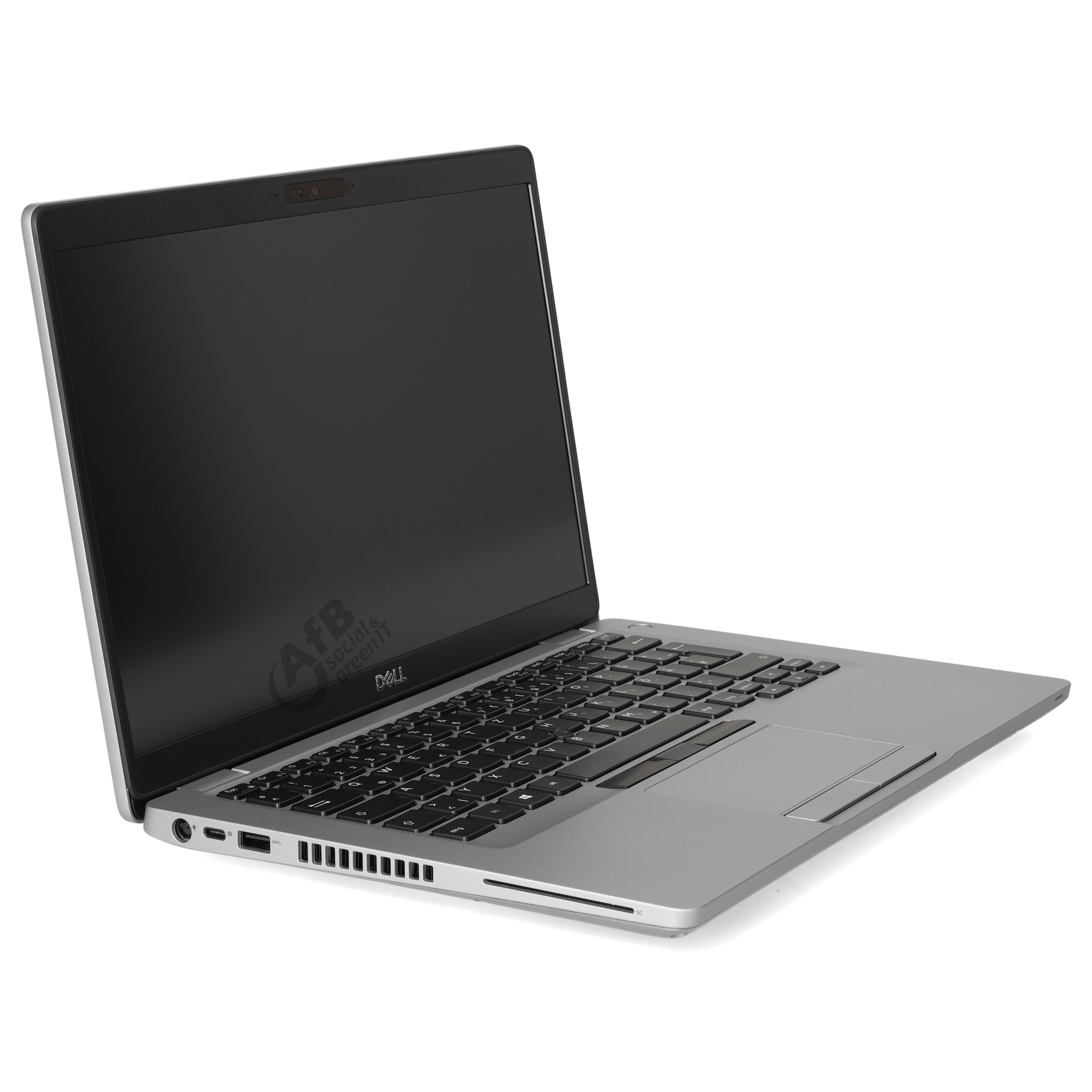 Ein silberner Dell Laptop steht aufgeklappt auf weißem Grund.