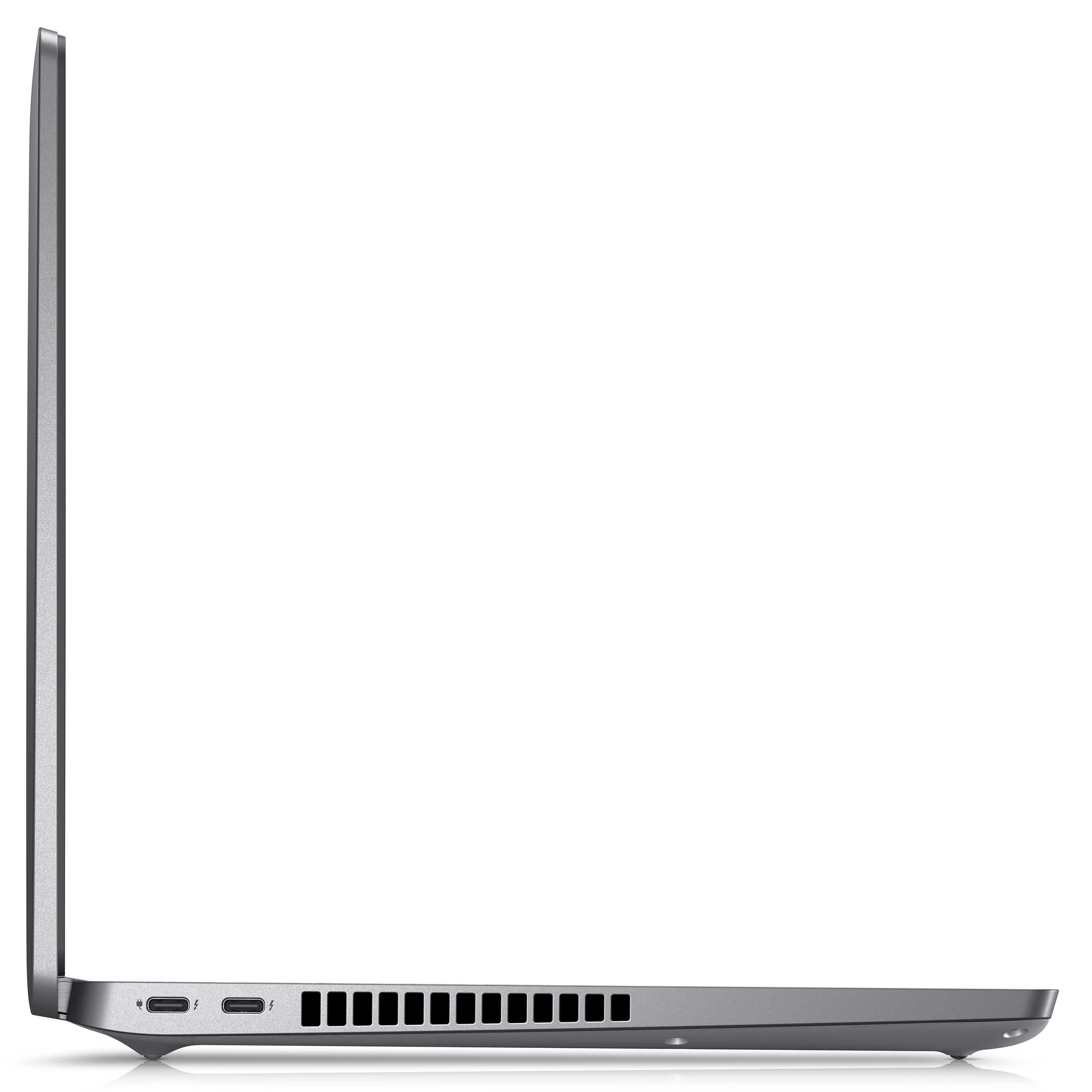 Seitenansicht eines geschlossenen grauen Laptops mit zwei USB-C-Anschlüssen und Lüftungsschlitzen auf weißem Grund.