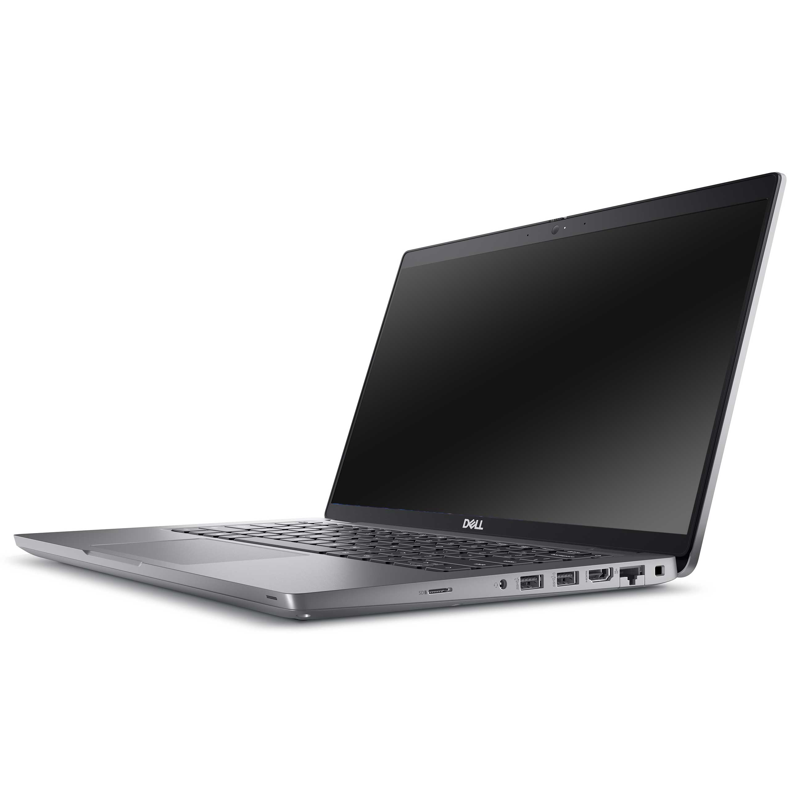 Ein silberner Dell-Laptop von der Seite, mit Tastatur, dunklem Bildschirm und Anschlüssen am Gehäuse.