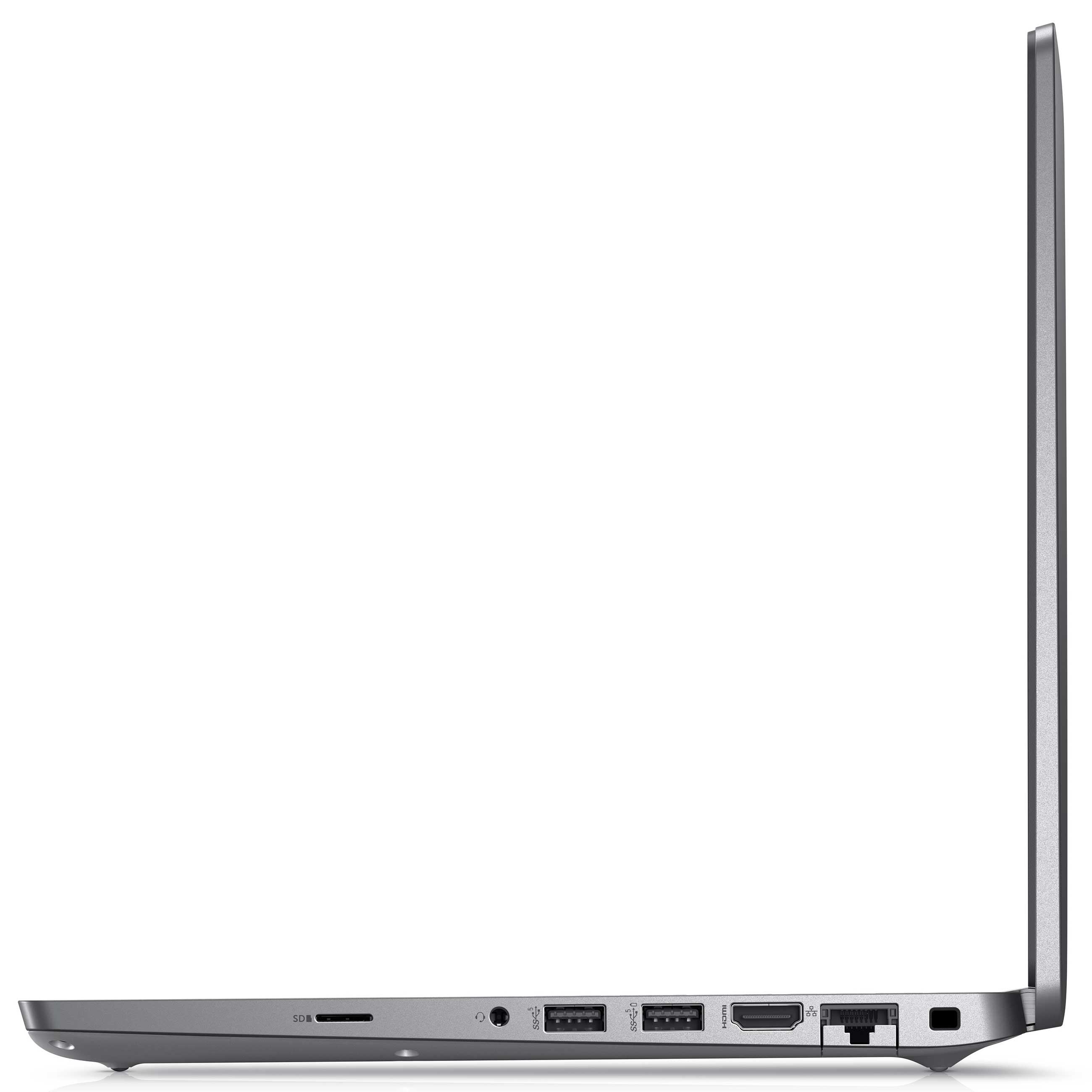 Seitenansicht eines grauen Laptops mit verschiedenen Anschlüssen wie SD-Kartenleser, USB, HDMI und Ethernet.