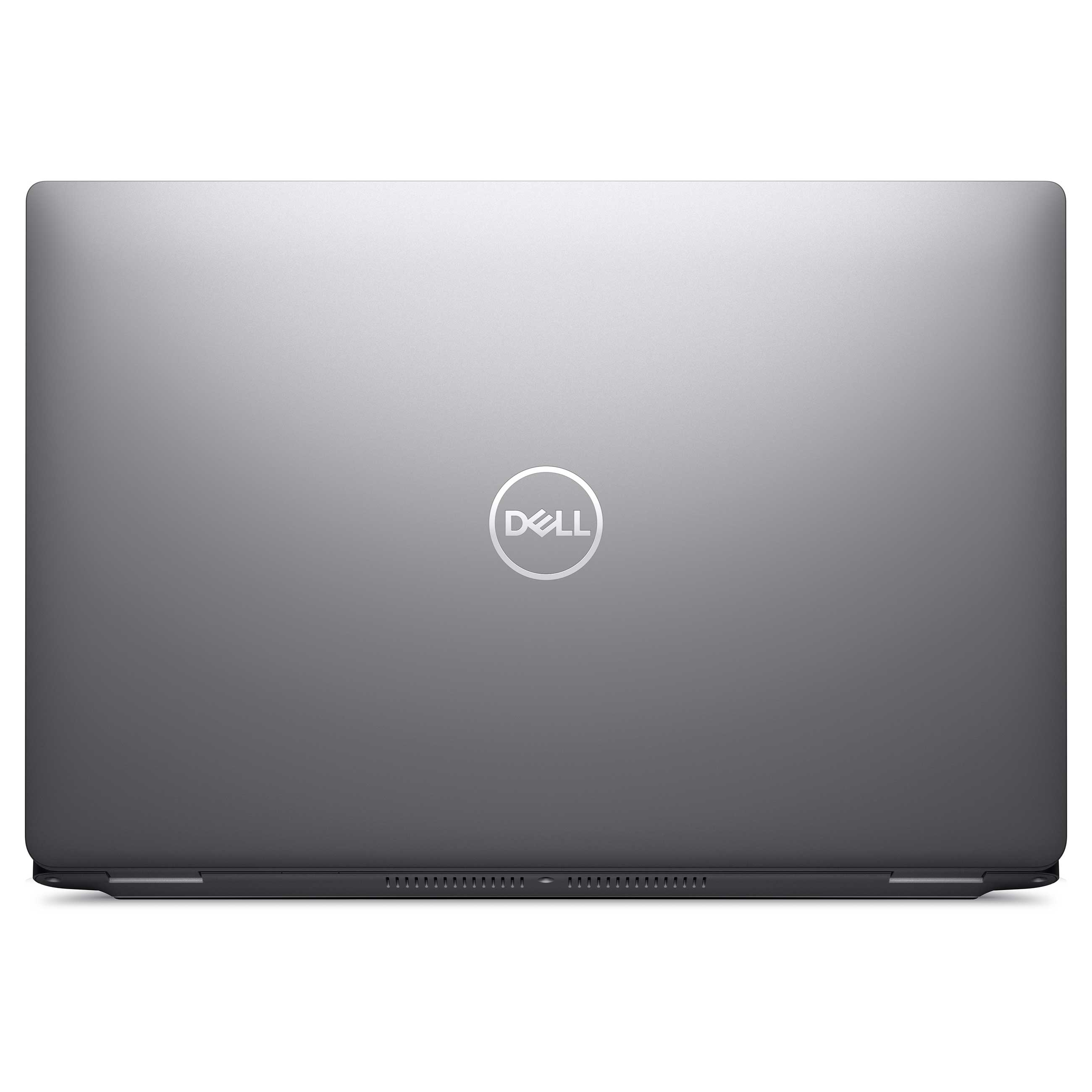 Geschlossener grauer Dell Laptop mit dem weißen Logo in der Mitte der Vorderseite auf einem neutralen Hintergrund.