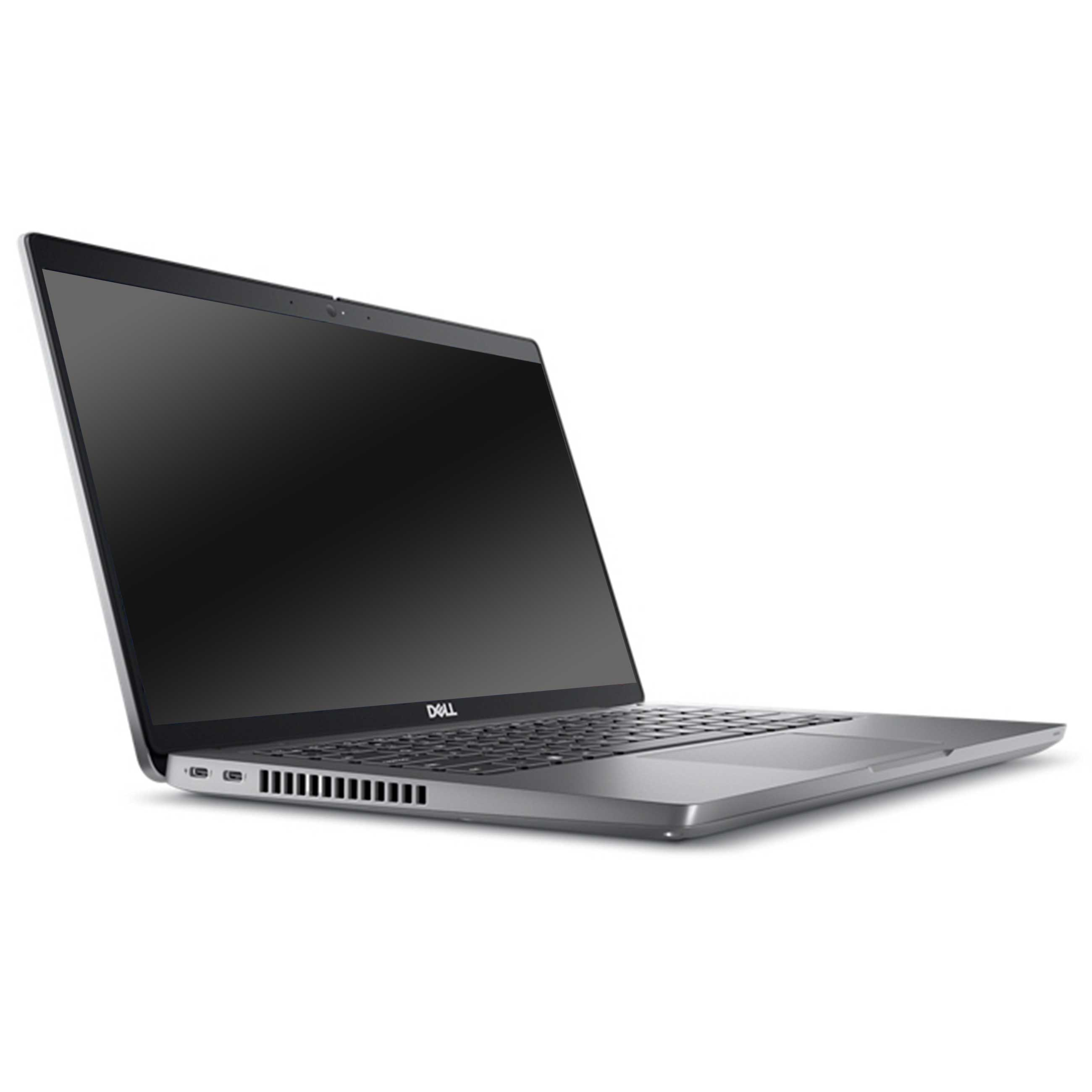 Ein grauer Dell-Laptop steht offen auf einer weißen Oberfläche und zeigt die rechte Seite mit Ports.