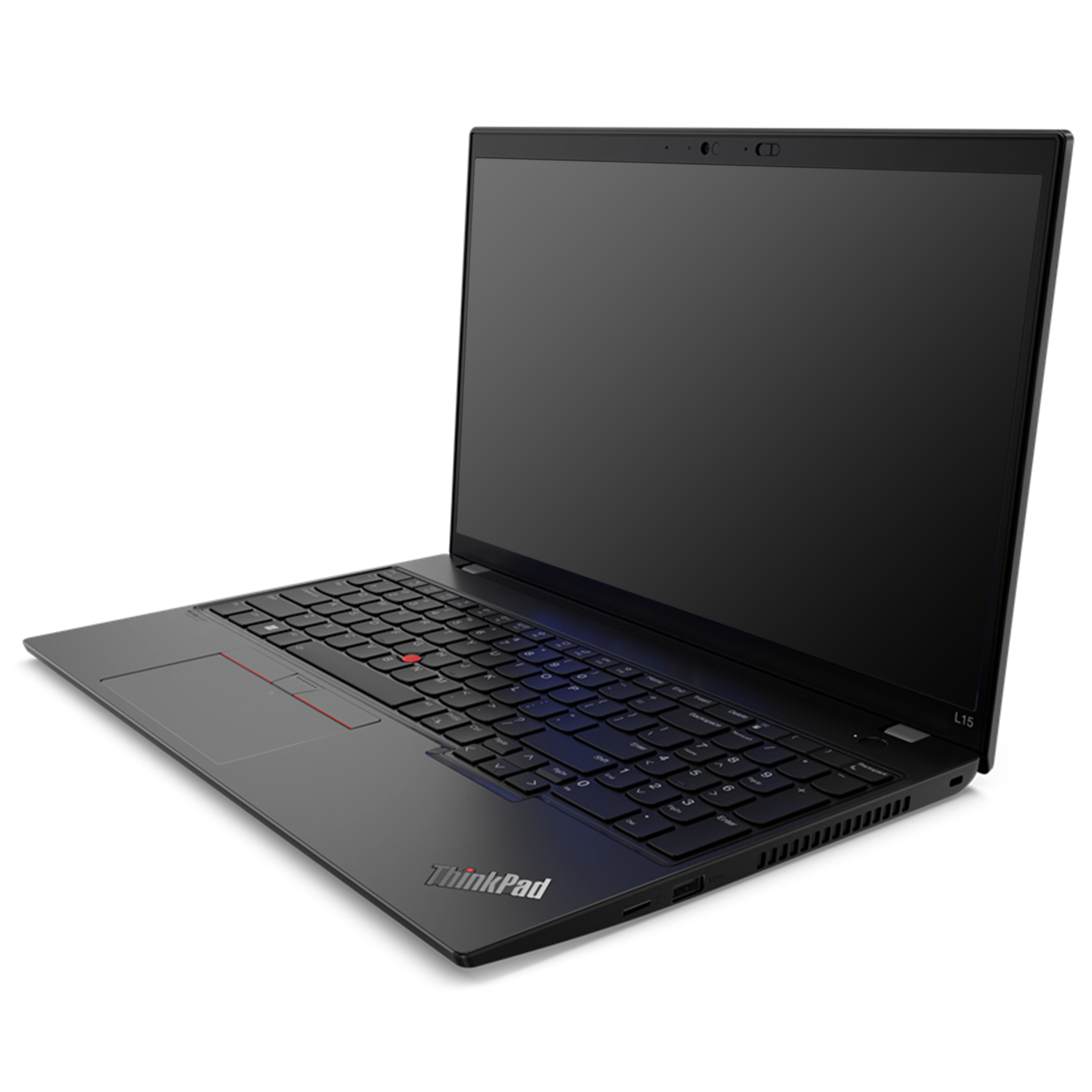 Ein schwarzer Lenovo ThinkPad Laptop mit geöffnetem Bildschirm steht auf einer weißen Oberfläche.