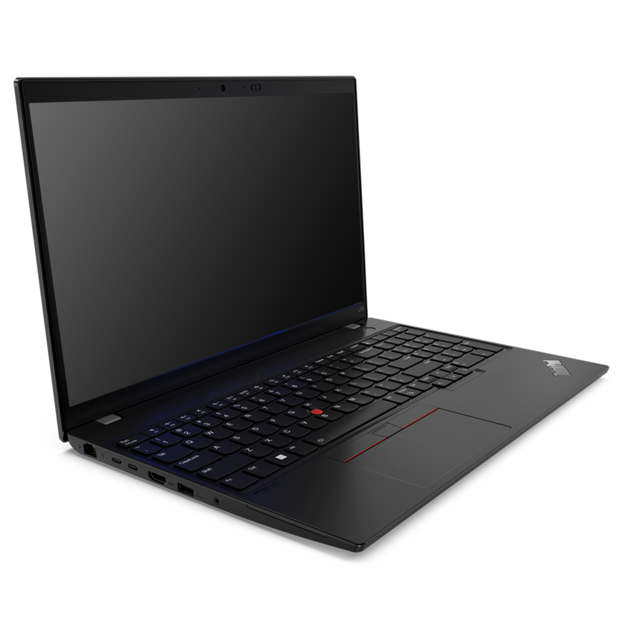 Ein schwarzer ThinkPad-Laptop steht offen auf weißem Hintergrund mit schwarzem Bildschirm und rotem Trackpoint.