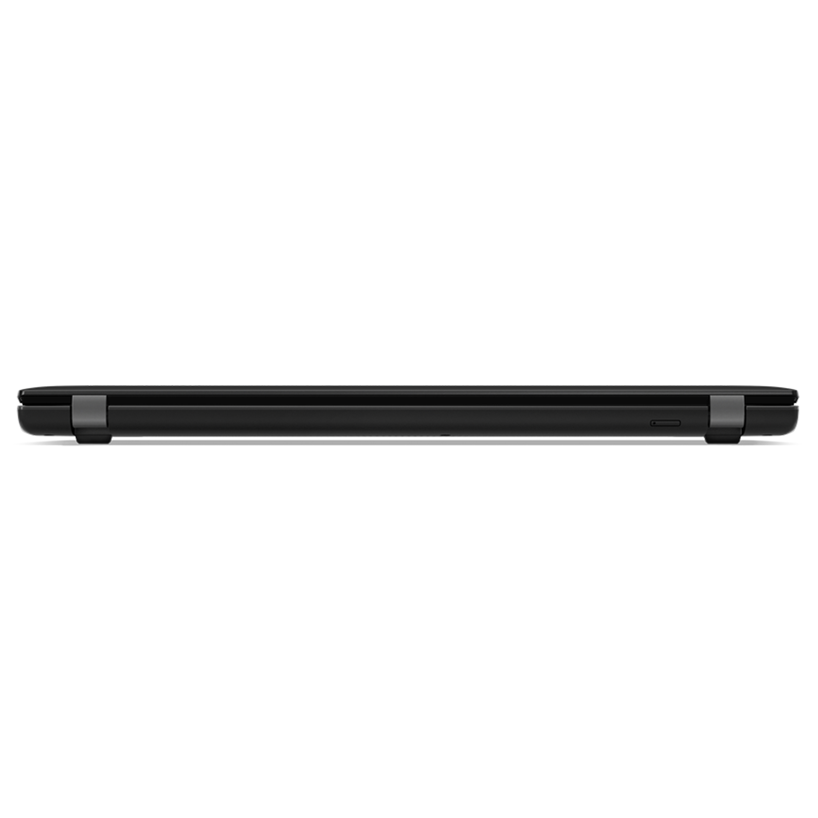 Ein geschlossener schwarzer Laptop von der Scharnierseite aus vor weißem Hintergrund.