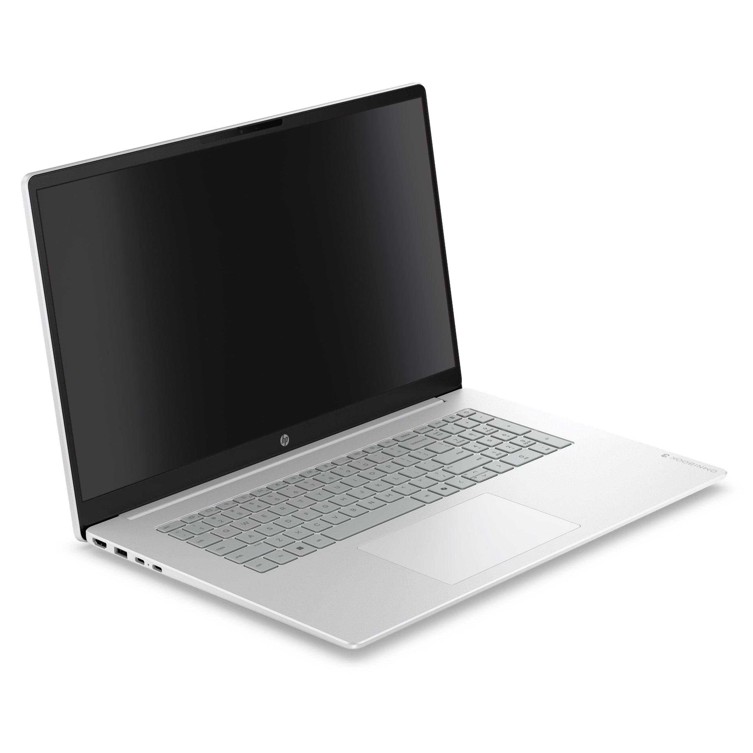 Ein silberner Laptop mit schwarzem Bildschirm und geöffnetem Deckel steht auf einer weißen Oberfläche.
