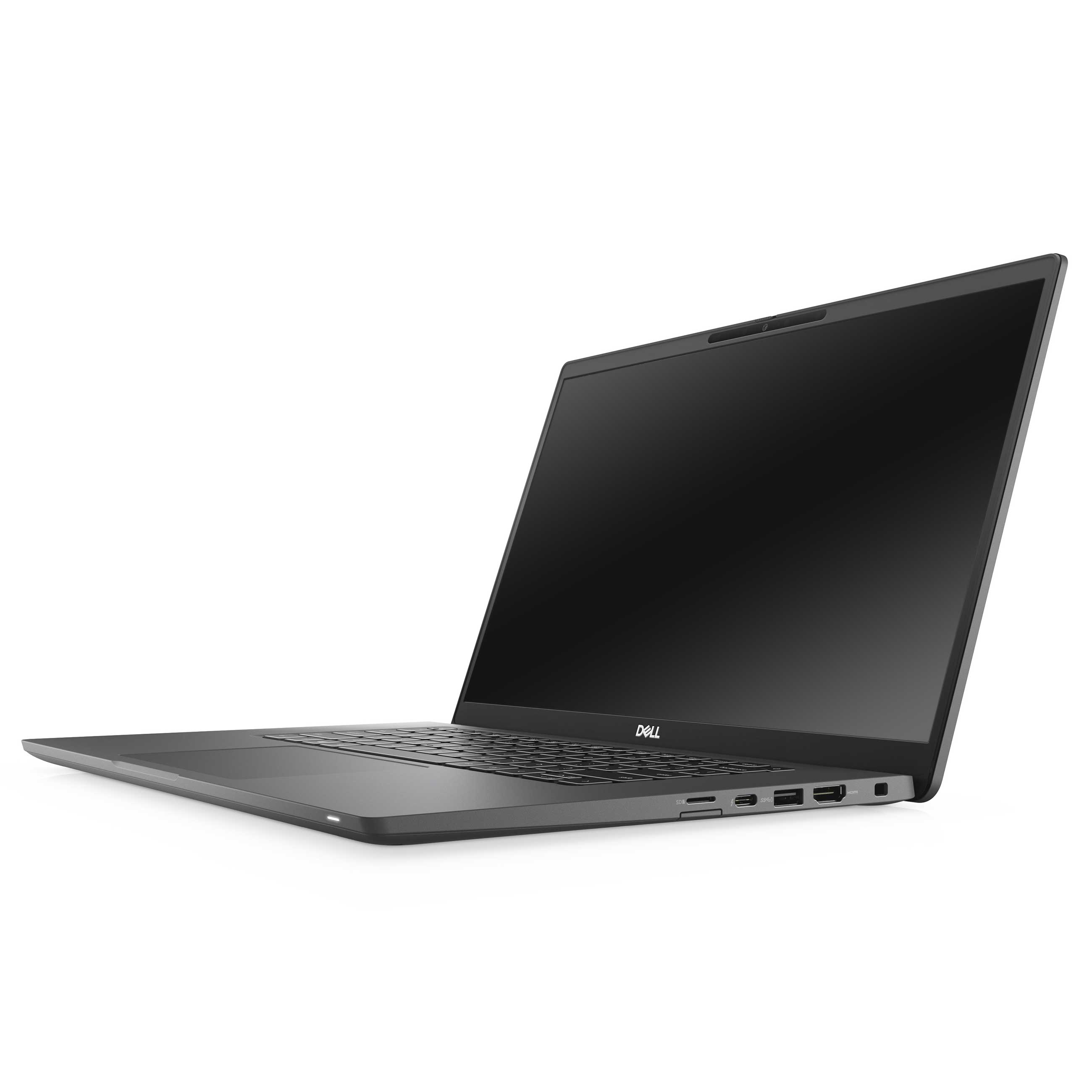 Ein grauer Dell-Laptop steht auf einer weißen Oberfläche; die rechte Seite zeigt USB- und HDMI-Anschlüsse.