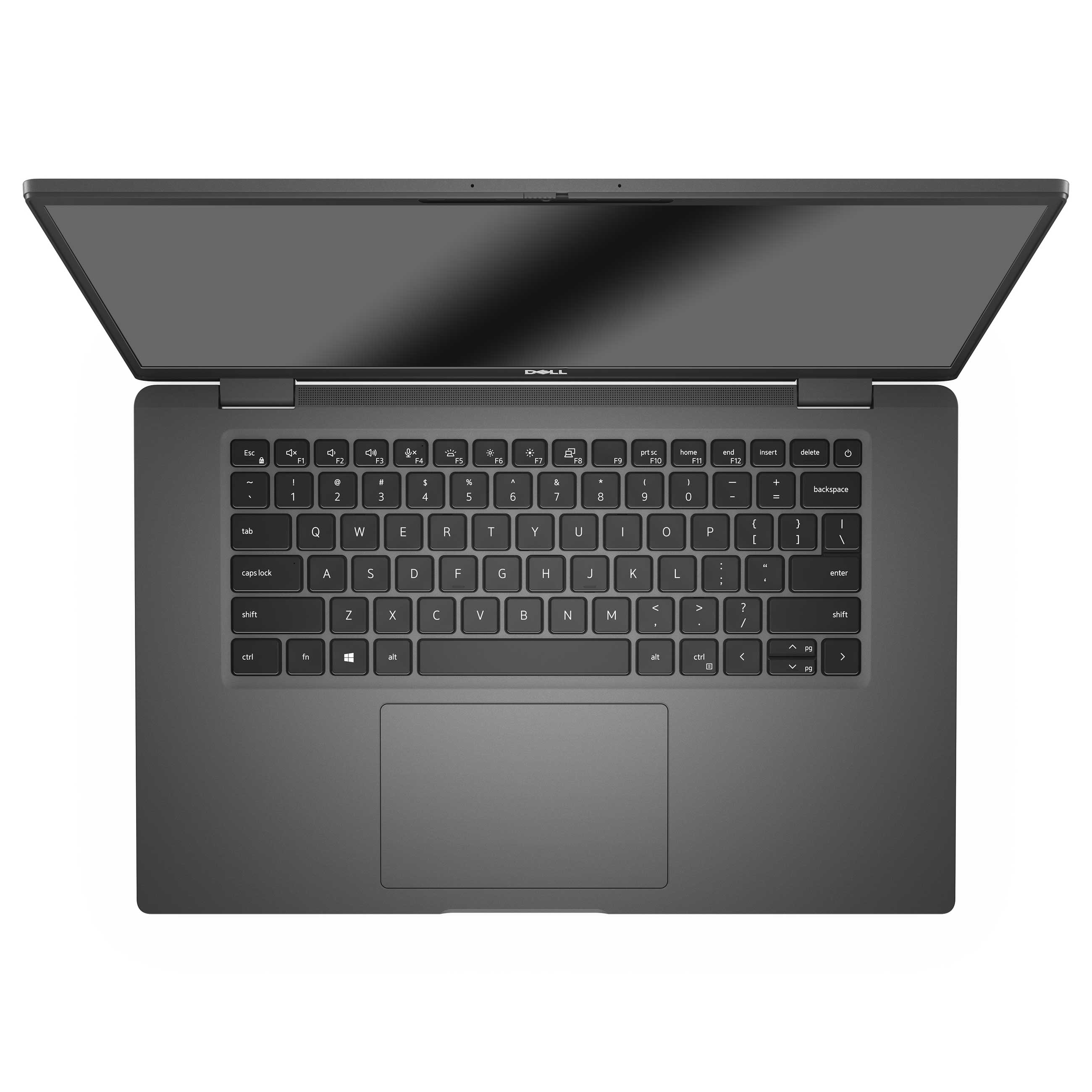 Ein offener dunkelgrauer Laptop von oben gesehen mit schwarzer Tastatur und glänzendem Bildschirm.
